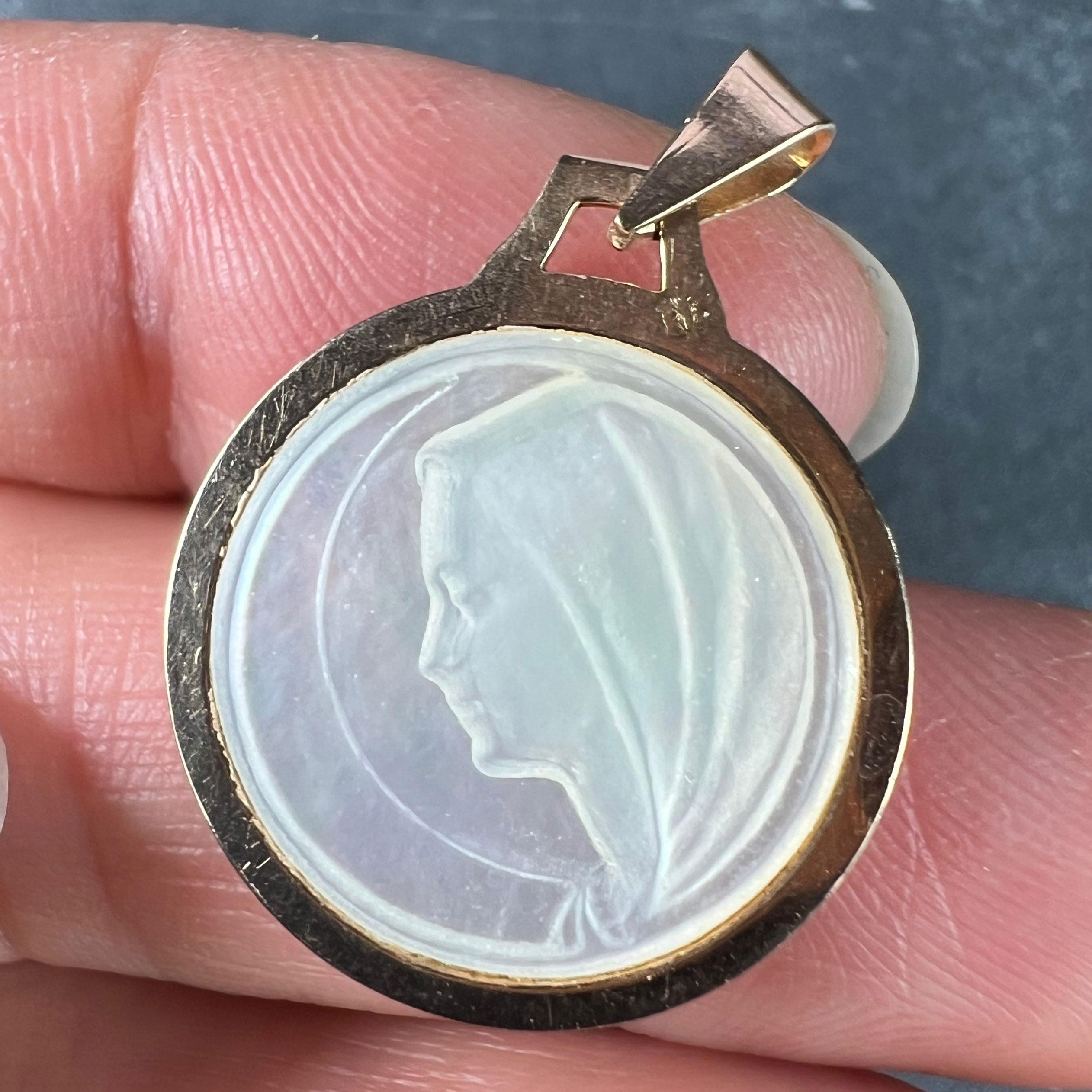 French Virgin Mary Mother of Pearl 18K Yellow Gold Charm Pendant 1