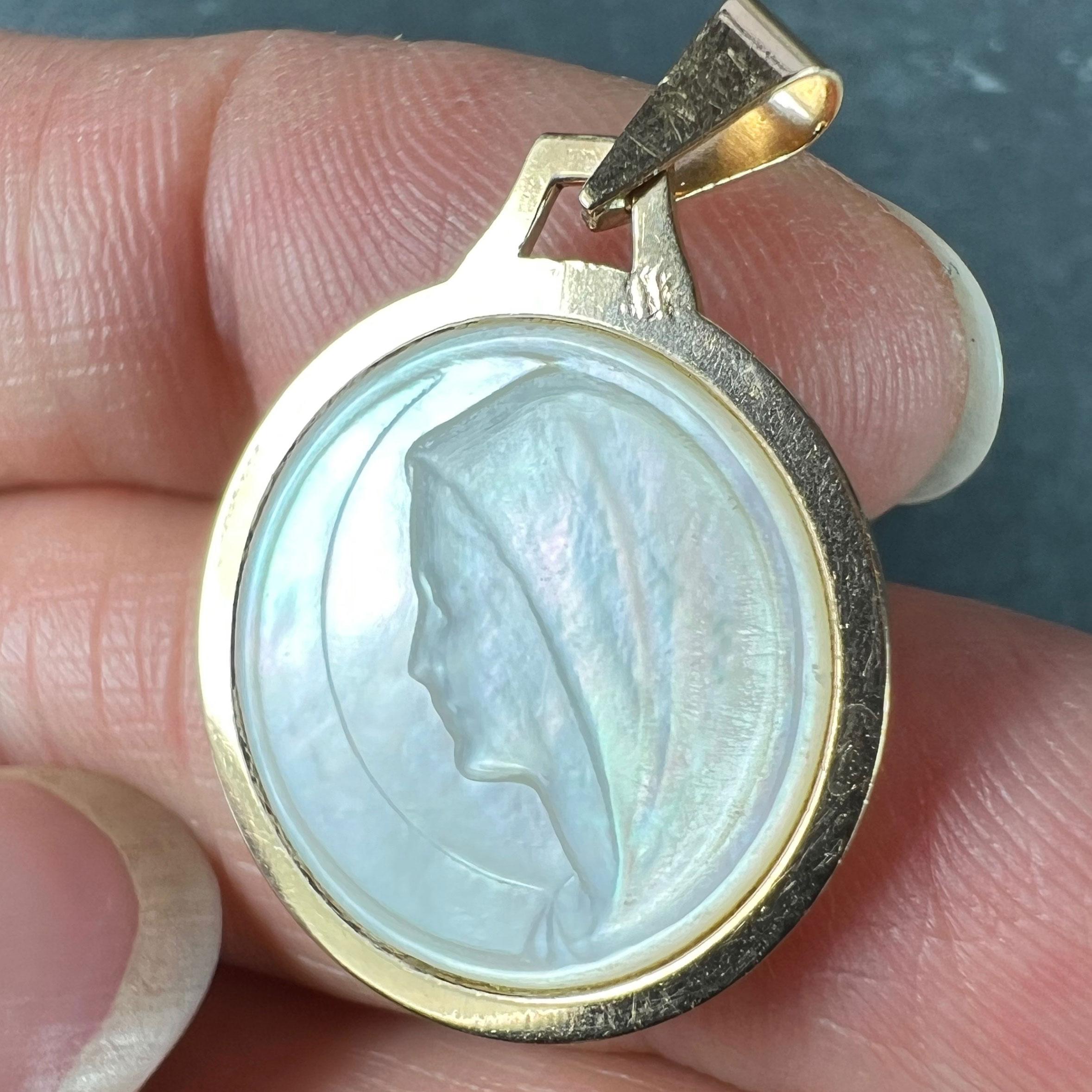 French Virgin Mary Mother of Pearl 18K Yellow Gold Charm Pendant 2