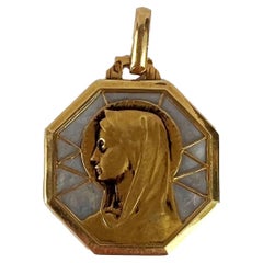 Vintage French Virgin Mary Mother of Pearl 18K Yellow Gold Charm Pendant