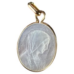French Virgin Mary Mother of Pearl 18K Yellow Gold Charm Pendant
