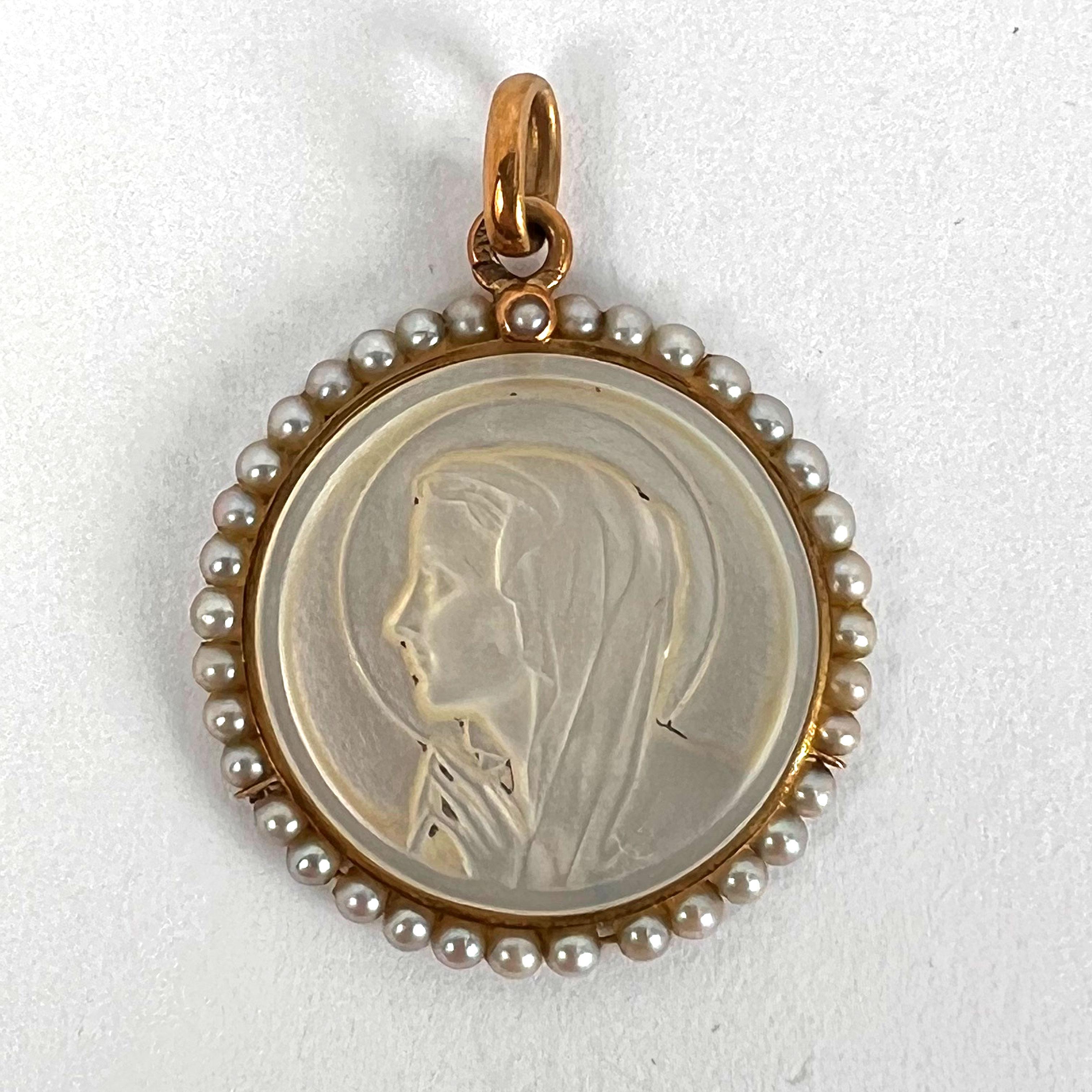 French Virgin Mary Mother of Pearl 18K Yellow Gold Pearl Charm Pendant  2