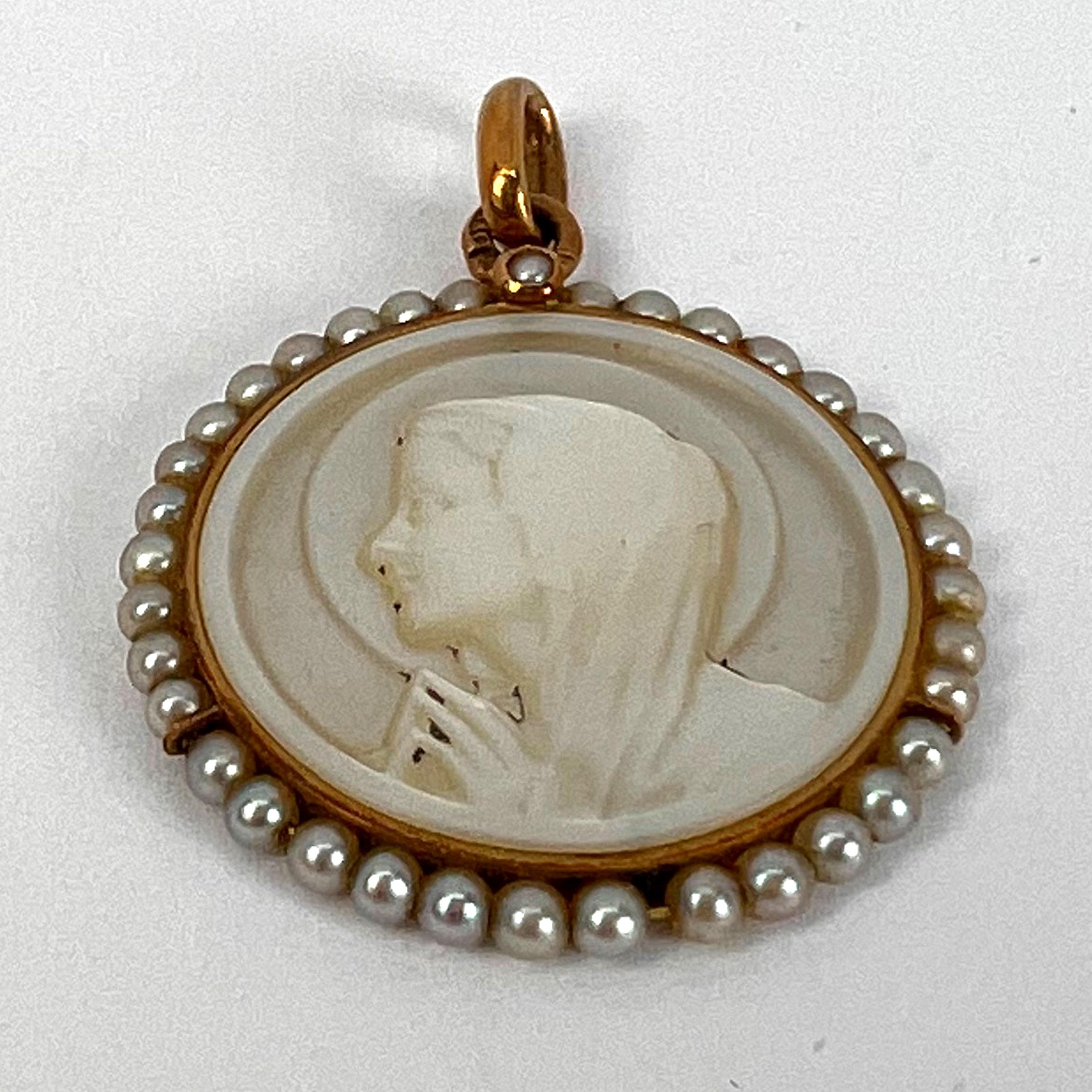 French Virgin Mary Mother of Pearl 18K Yellow Gold Pearl Charm Pendant  3