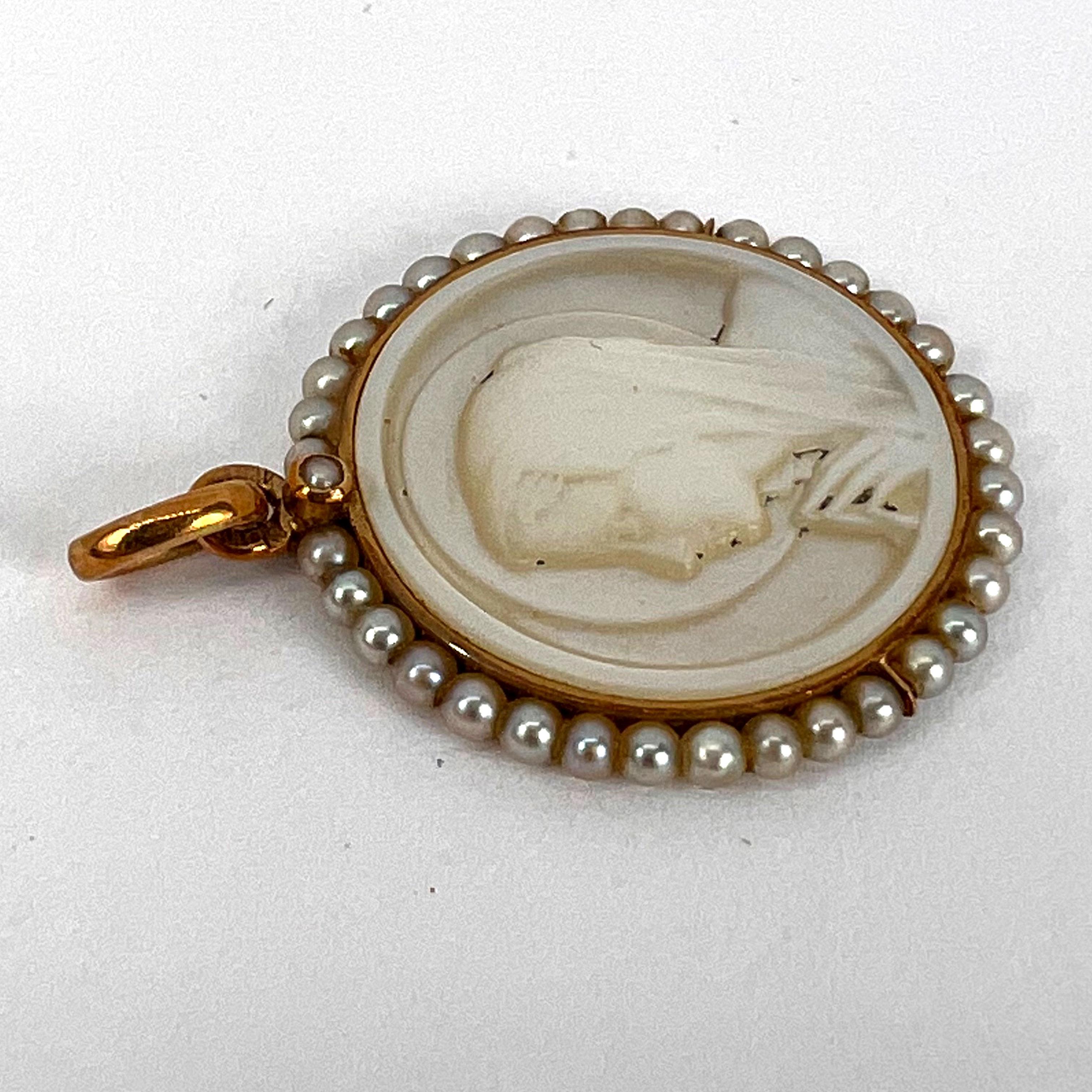 French Virgin Mary Mother of Pearl 18K Yellow Gold Pearl Charm Pendant  4