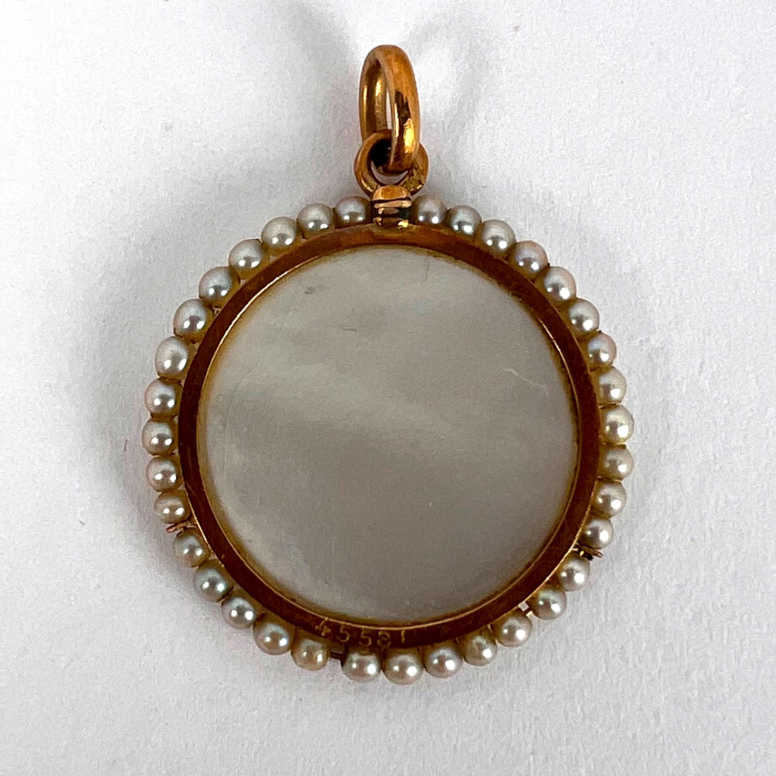 French Virgin Mary Mother of Pearl 18K Yellow Gold Pearl Charm Pendant  5
