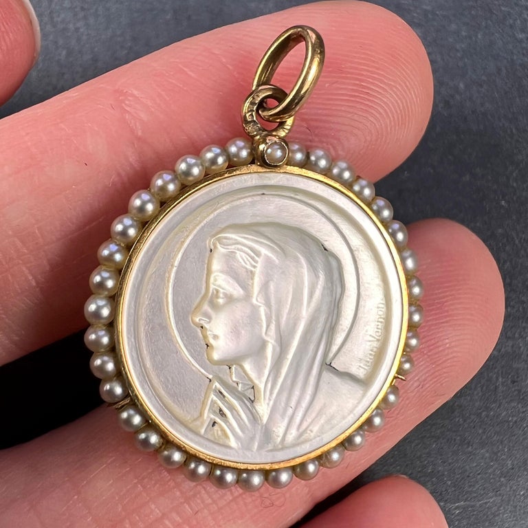 French Virgin Mary Mother of Pearl 18K Yellow Gold Pearl Charm Pendant ...