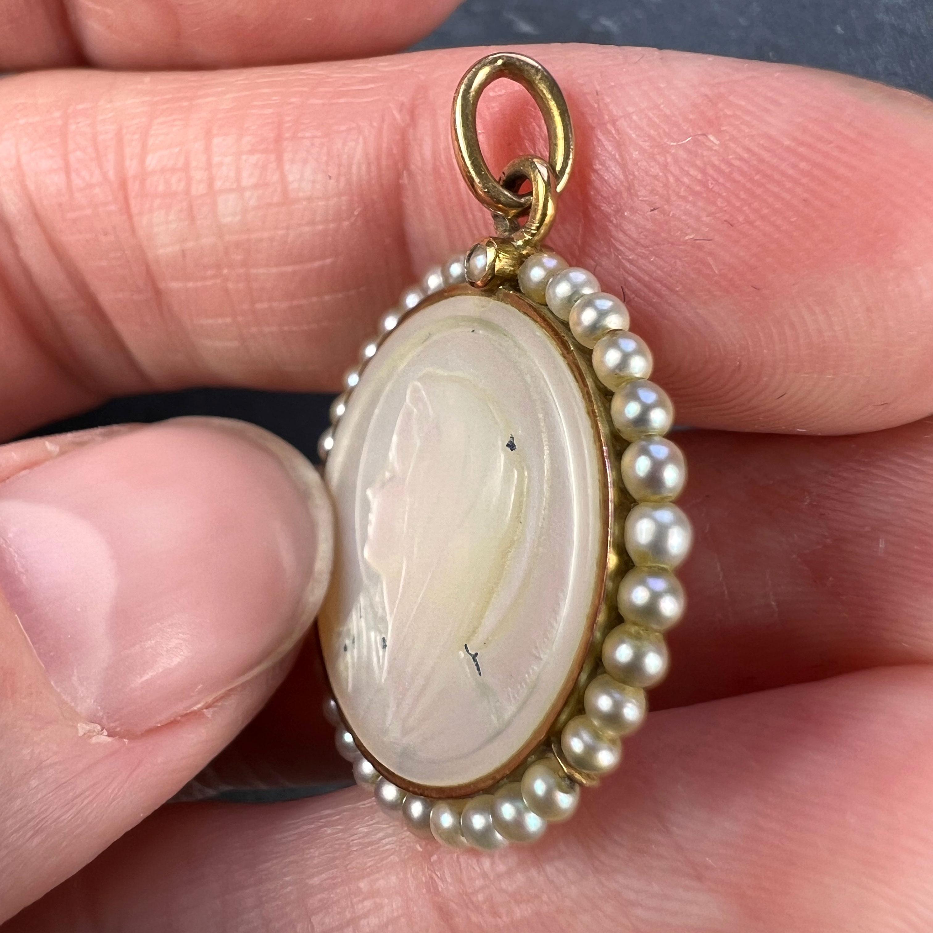 Uncut French Virgin Mary Mother of Pearl 18K Yellow Gold Pearl Charm Pendant 