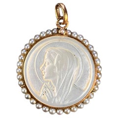French Virgin Mary Mother of Pearl 18K Yellow Gold Pearl Charm Pendant