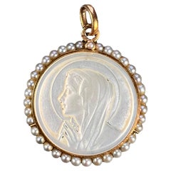 French Virgin Mary Mother of Pearl 18K Yellow Gold Pearl Charm Pendant 