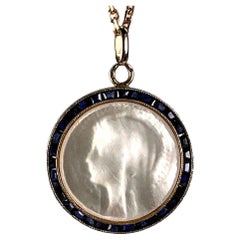 Vintage French Virgin Mary Mother of Pearl Sapphire 18K Gold Charm Pendant