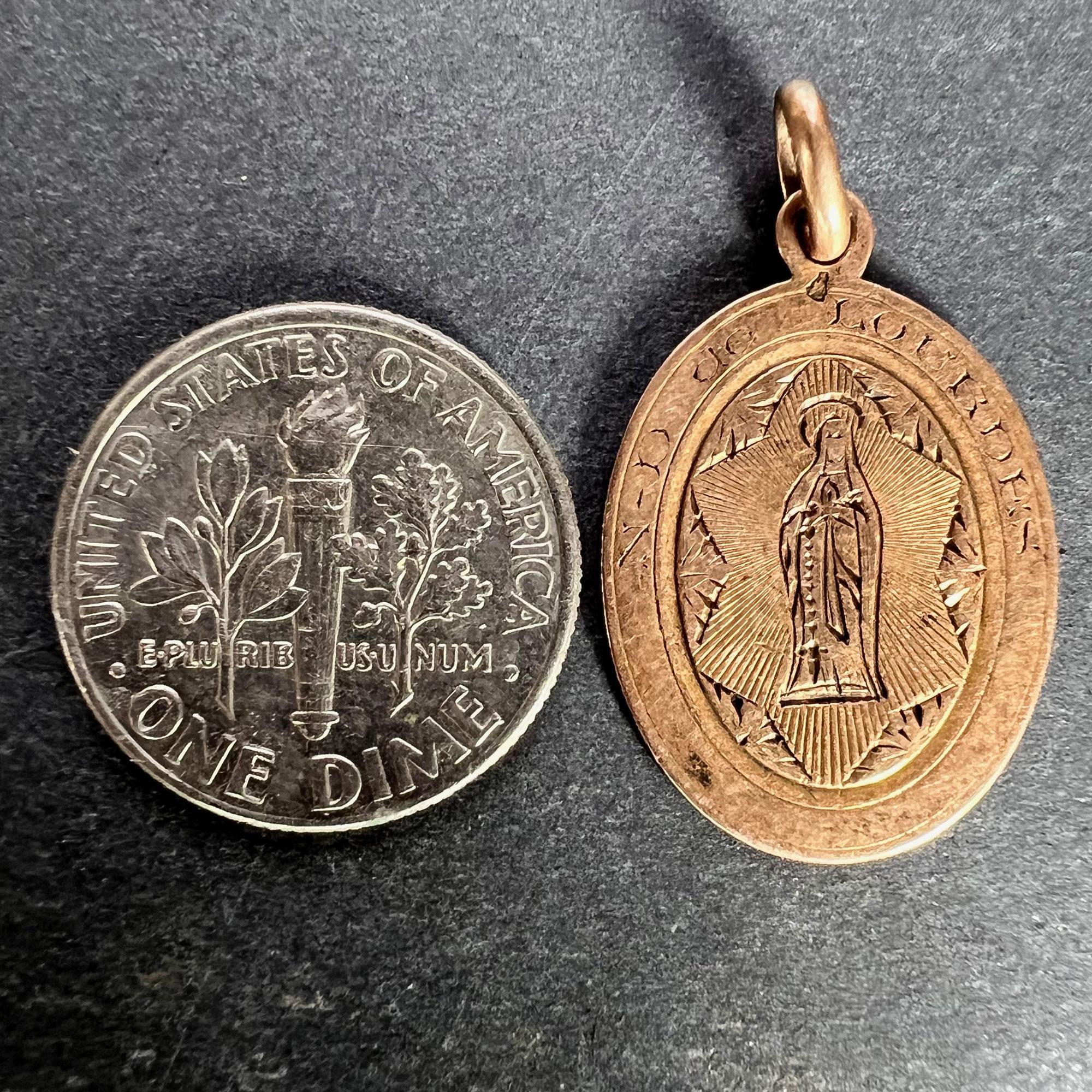 French Virgin Mary Notre Dame de Lourdes 18K Rose Gold Medal Charm Pendant For Sale 6