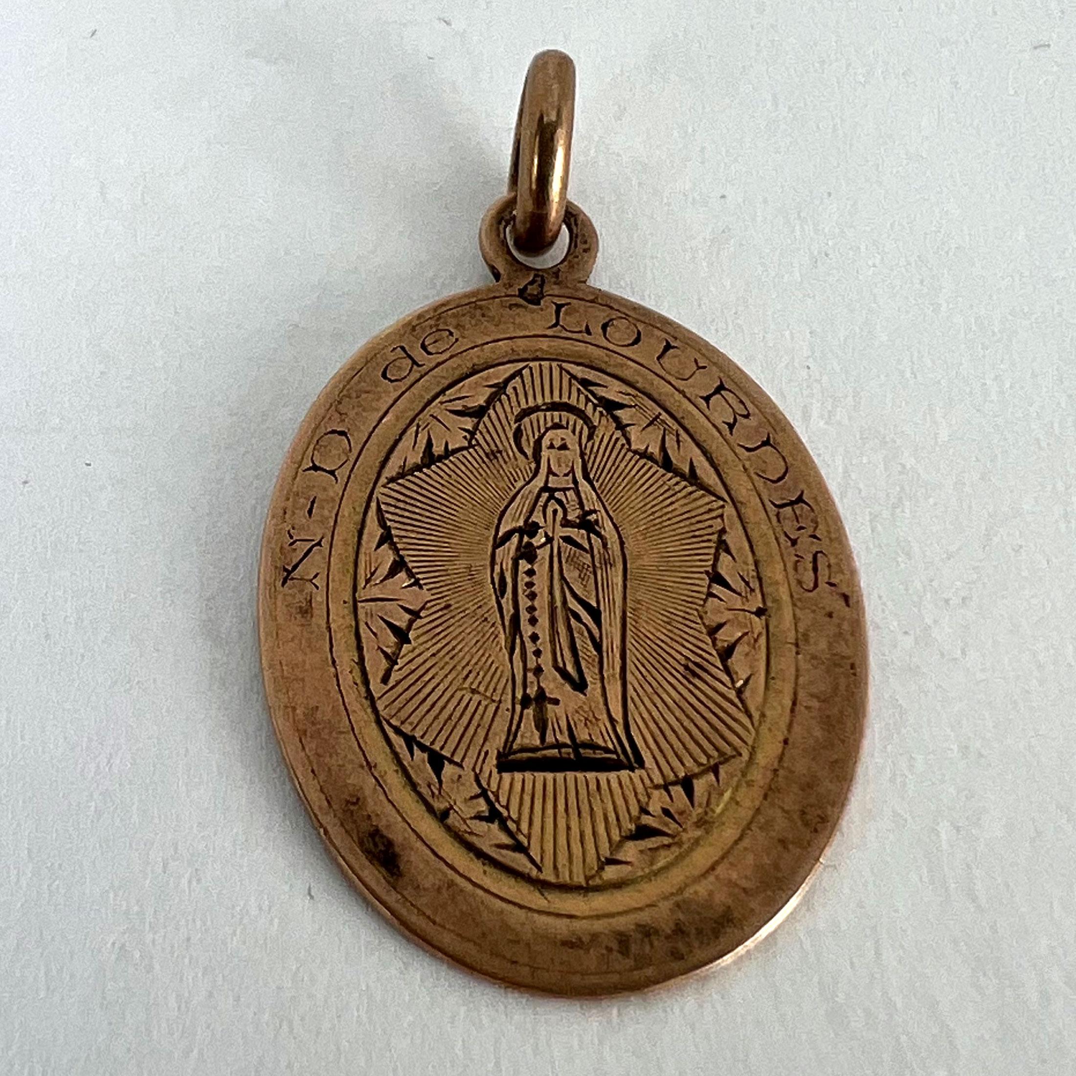 French Virgin Mary Notre Dame de Lourdes 18K Rose Gold Medal Charm Pendant For Sale 8