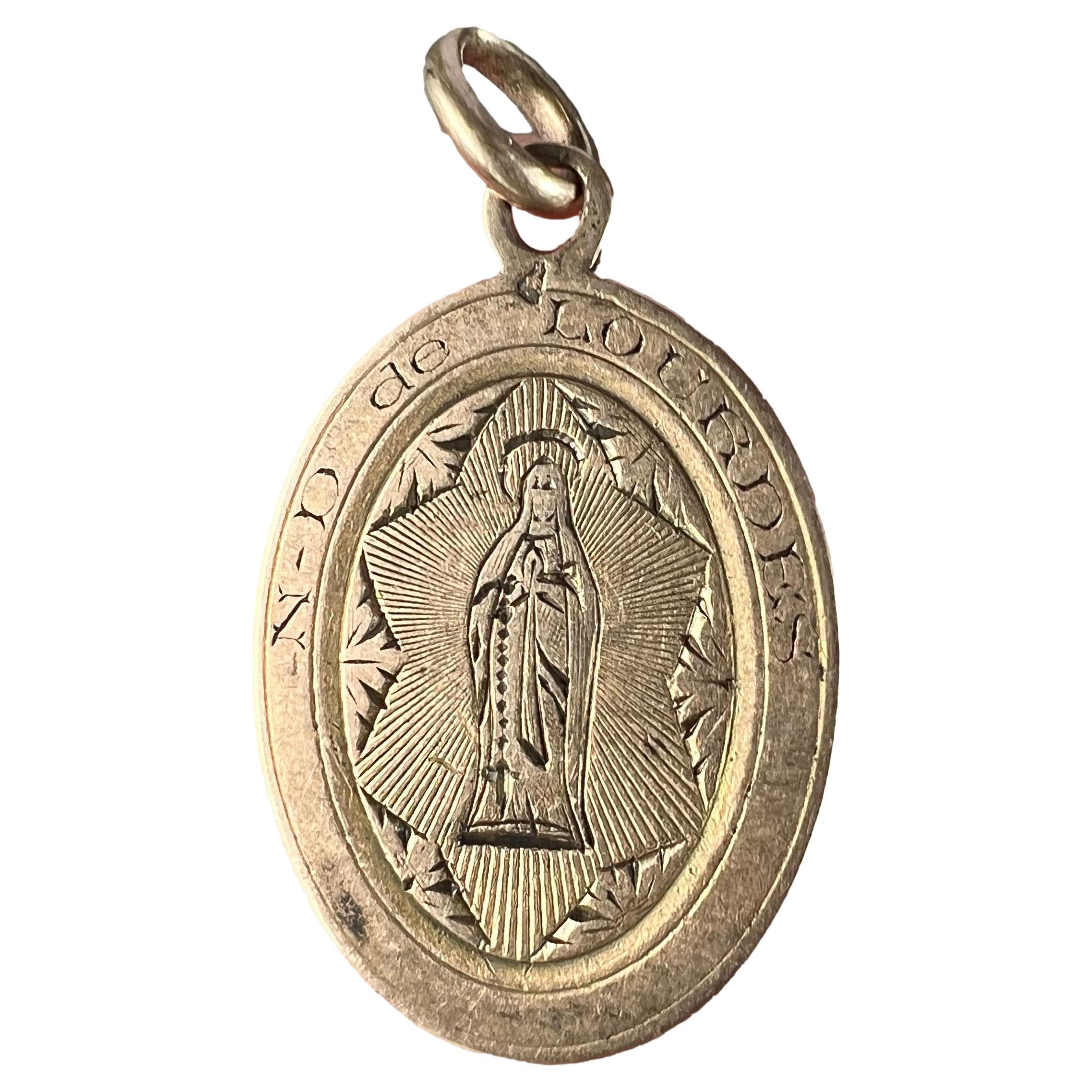 French Virgin Mary Notre Dame de Lourdes 18K Rose Gold Medal Charm Pendant For Sale