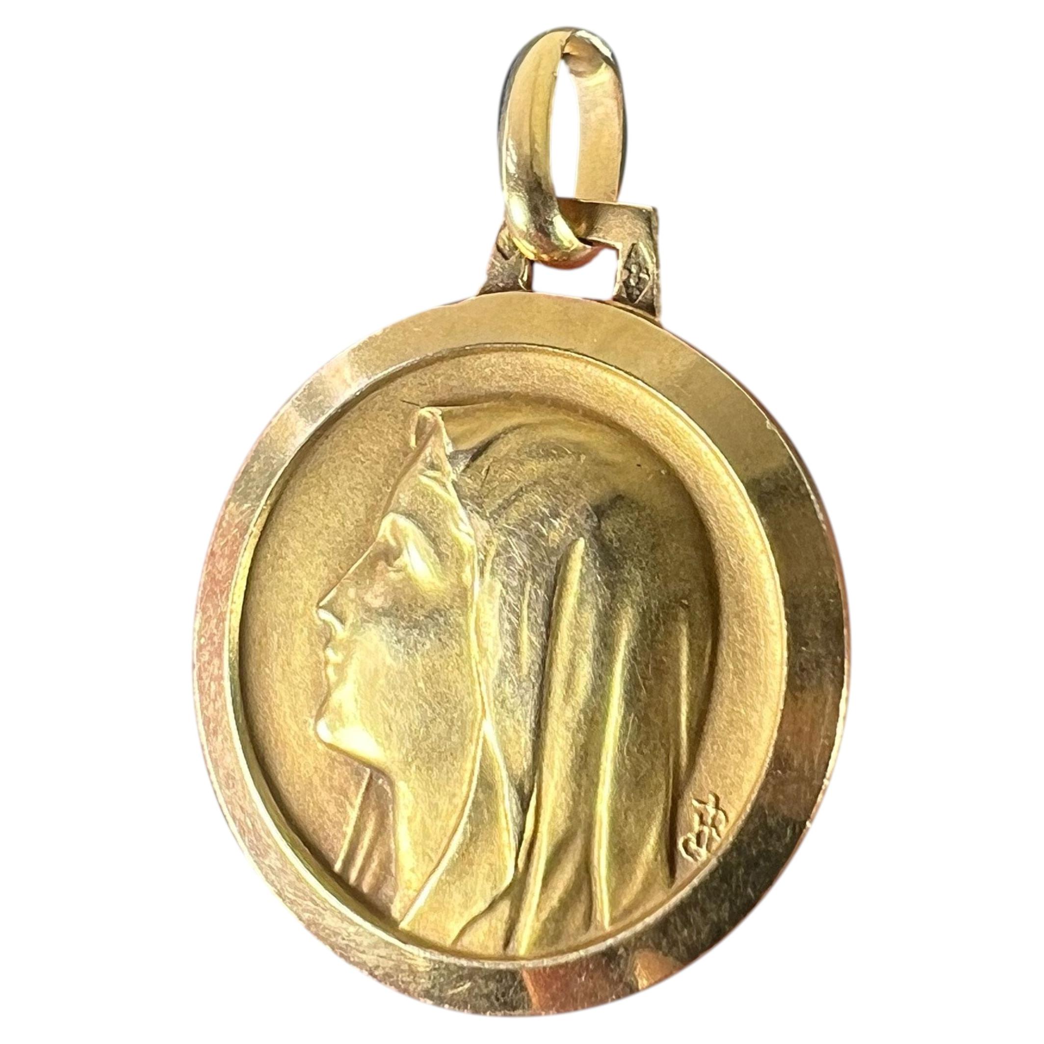 French Virgin Mary Notre Dame de Lourdes 18K Yellow Gold Religious Medal Pendant