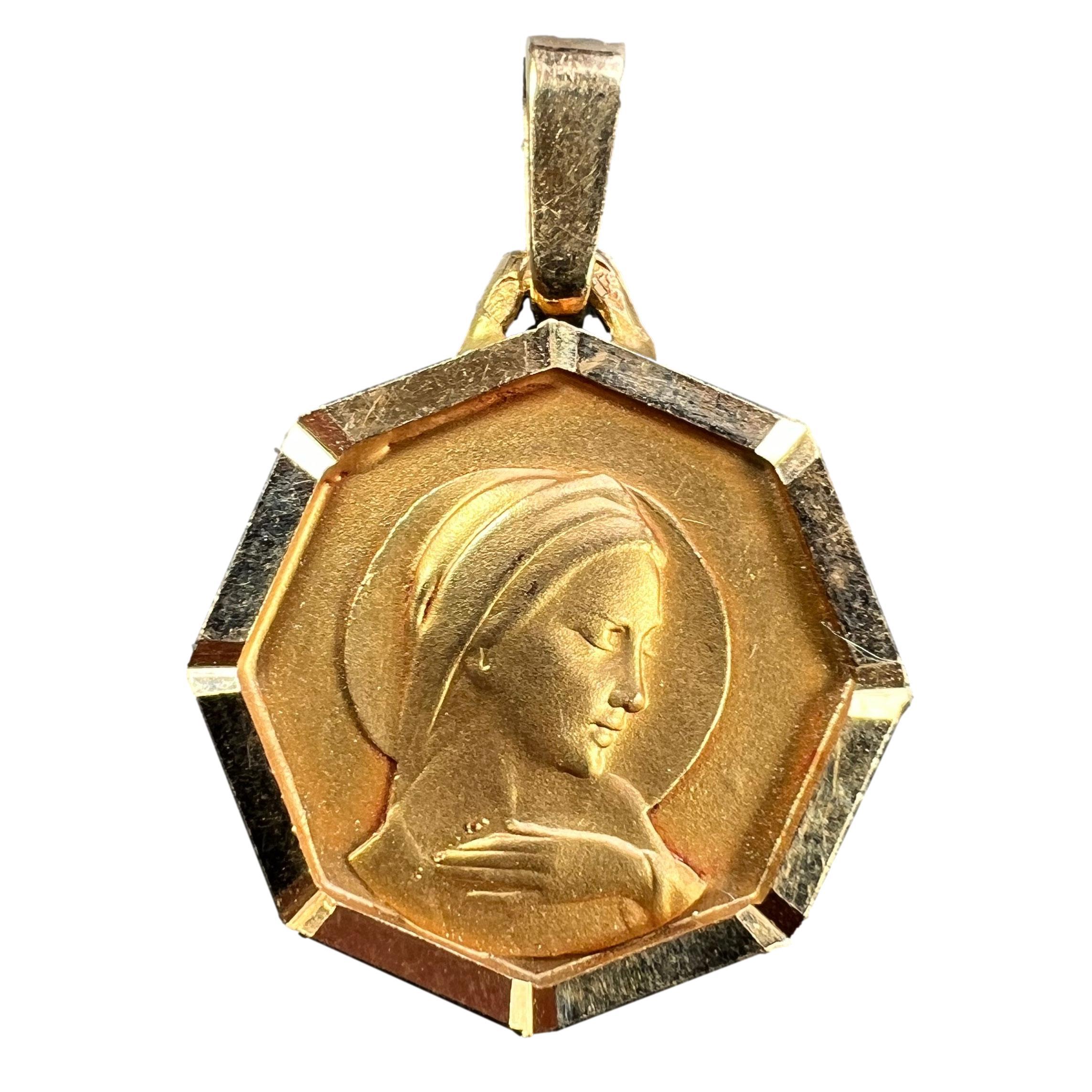 French Virgin Mary Octagonal 18K Yellow Gold Medal Charm Pendant