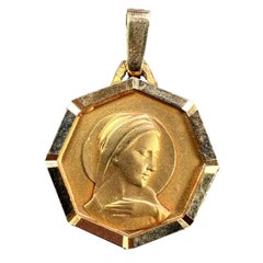 Vintage French Virgin Mary Octagonal 18K Yellow Gold Medal Charm Pendant