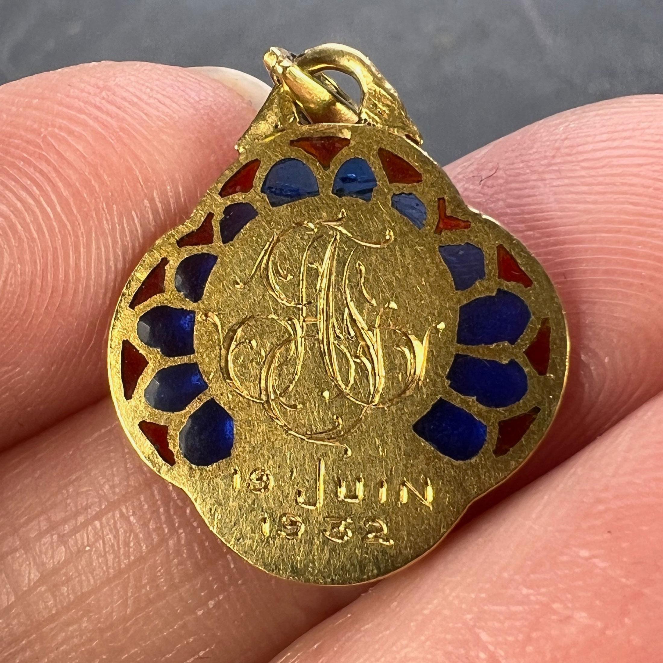 French Virgin Mary Plique A Jour Enamel 18K Yellow Gold Charm Pendant For Sale 6