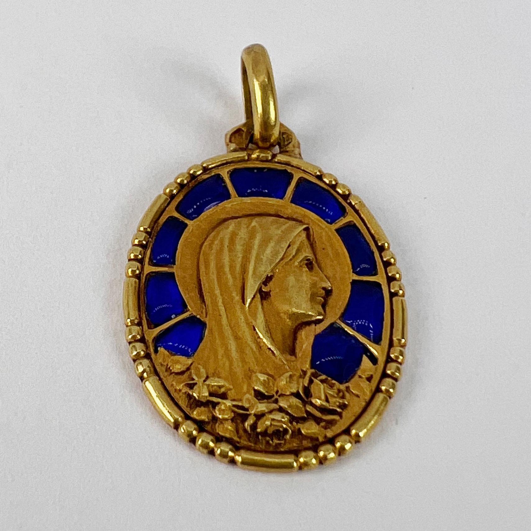 French Virgin Mary Plique A Jour Enamel 18K Yellow Gold Charm Pendant For Sale 7