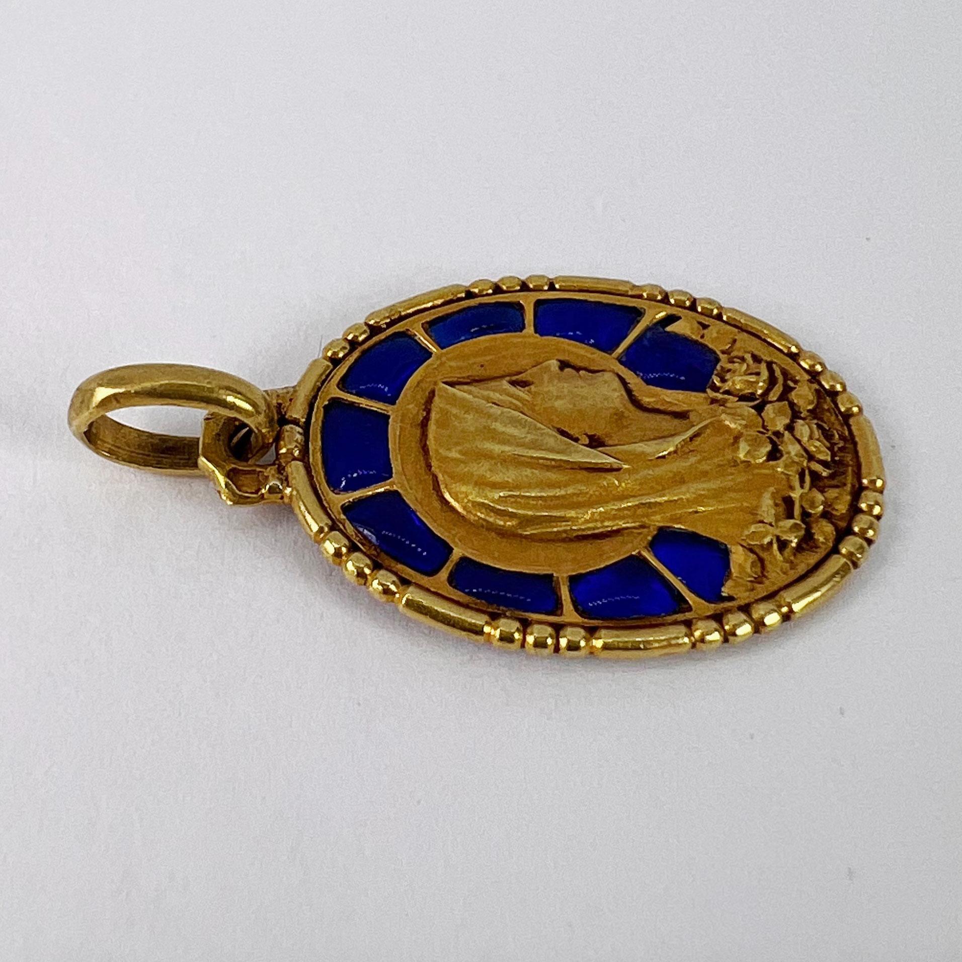 French Virgin Mary Plique A Jour Enamel 18K Yellow Gold Charm Pendant For Sale 8
