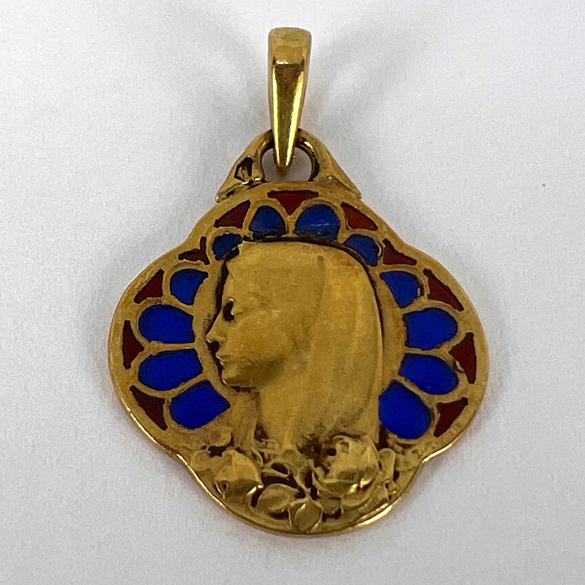 French Virgin Mary Plique A Jour Enamel 18K Yellow Gold Charm Pendant For Sale 10