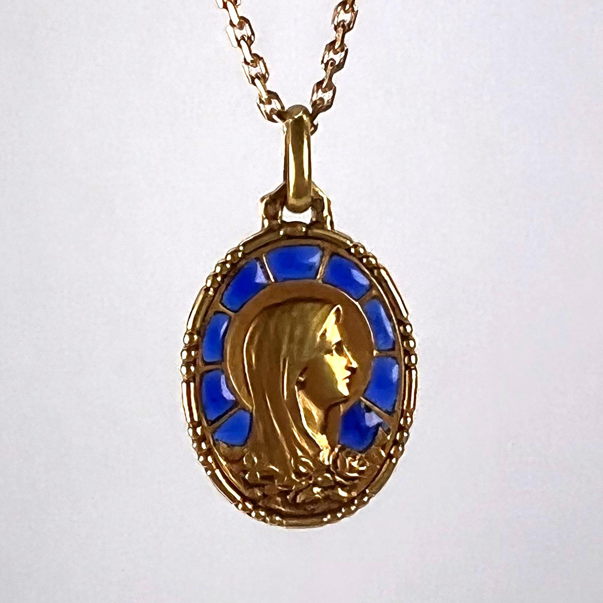 French Virgin Mary Plique A Jour Enamel 18K Yellow Gold Charm Pendant For Sale 9