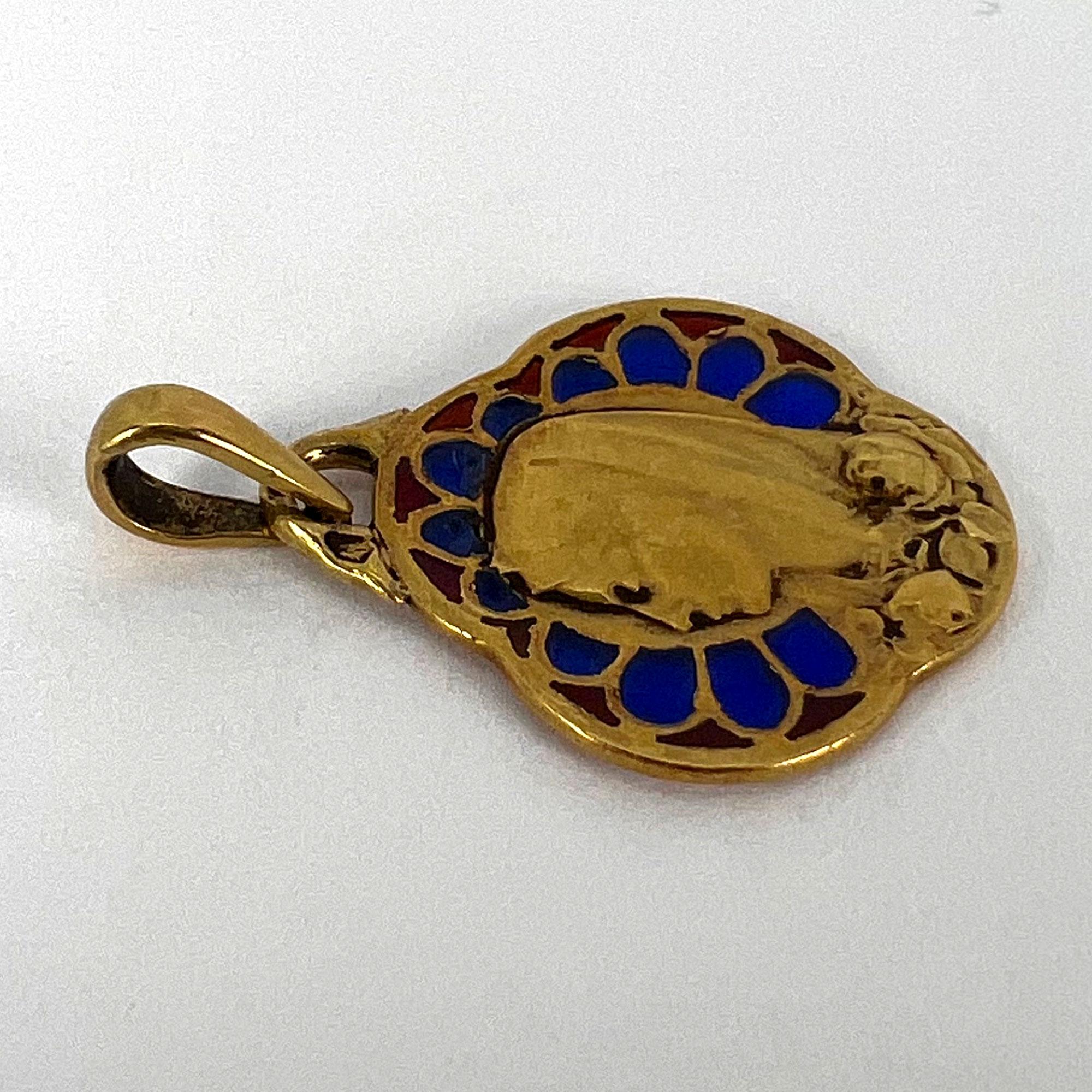 French Virgin Mary Plique A Jour Enamel 18K Yellow Gold Charm Pendant For Sale 12