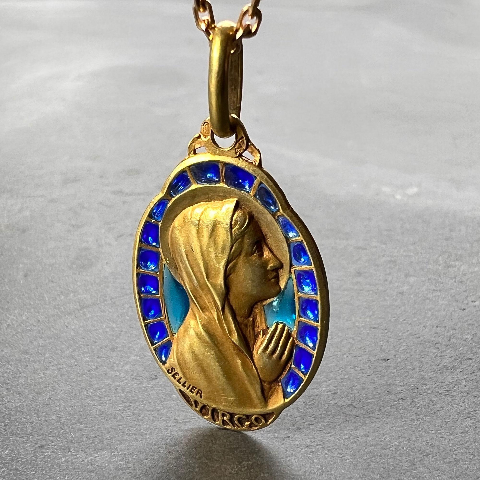 French Virgin Mary Plique a Jour Enamel 18K Yellow Gold Charm Pendant ...