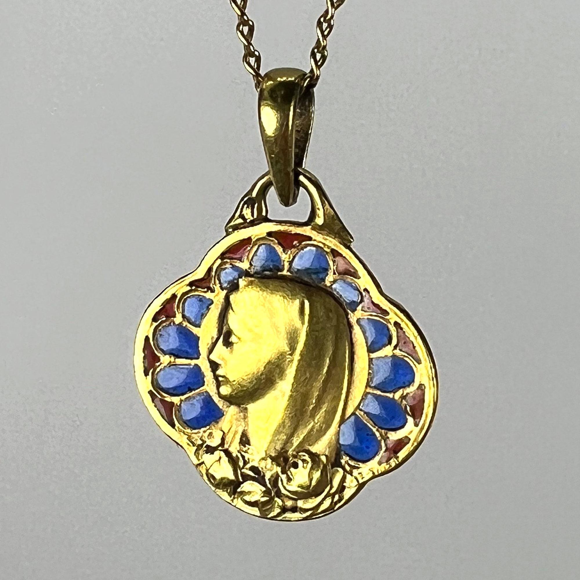 French Virgin Mary Plique A Jour Enamel 18K Yellow Gold Charm Pendant In Good Condition For Sale In London, GB