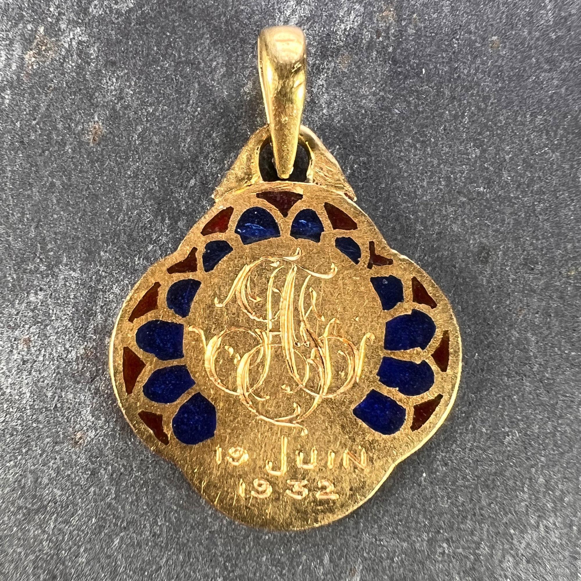 French Virgin Mary Plique A Jour Enamel 18K Yellow Gold Charm Pendant For Sale 1