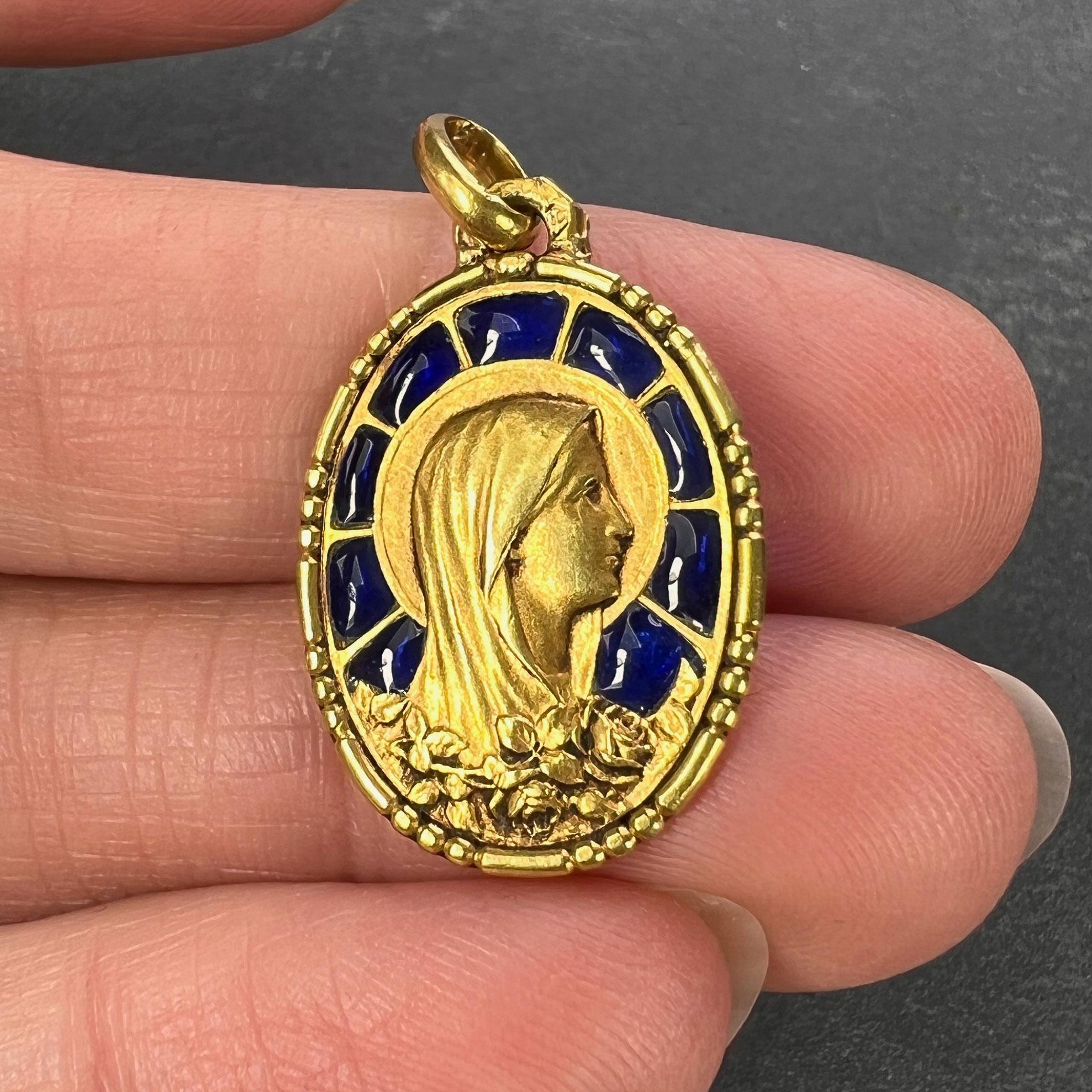 French Virgin Mary Plique A Jour Enamel 18K Yellow Gold Charm Pendant For Sale 2