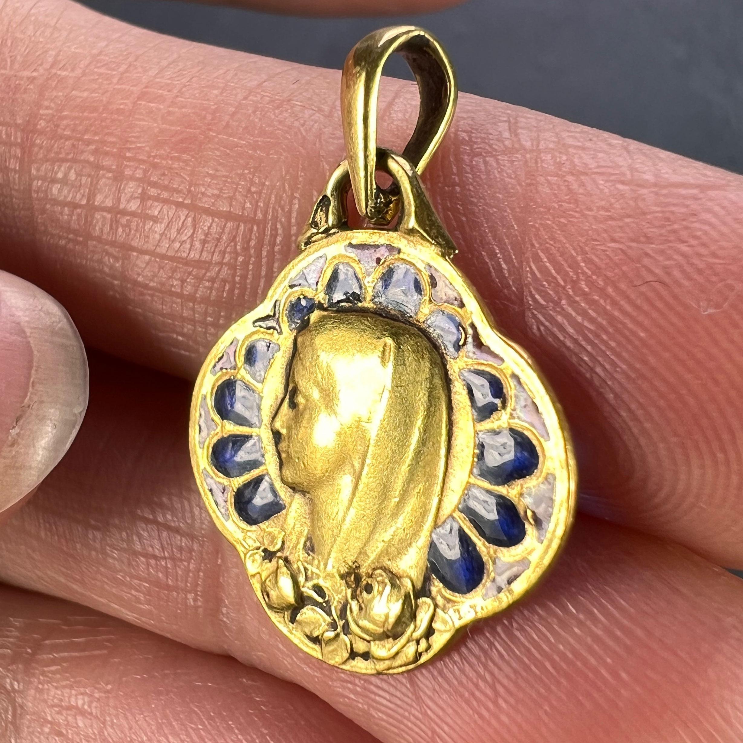 French Virgin Mary Plique A Jour Enamel 18K Yellow Gold Charm Pendant For Sale 4