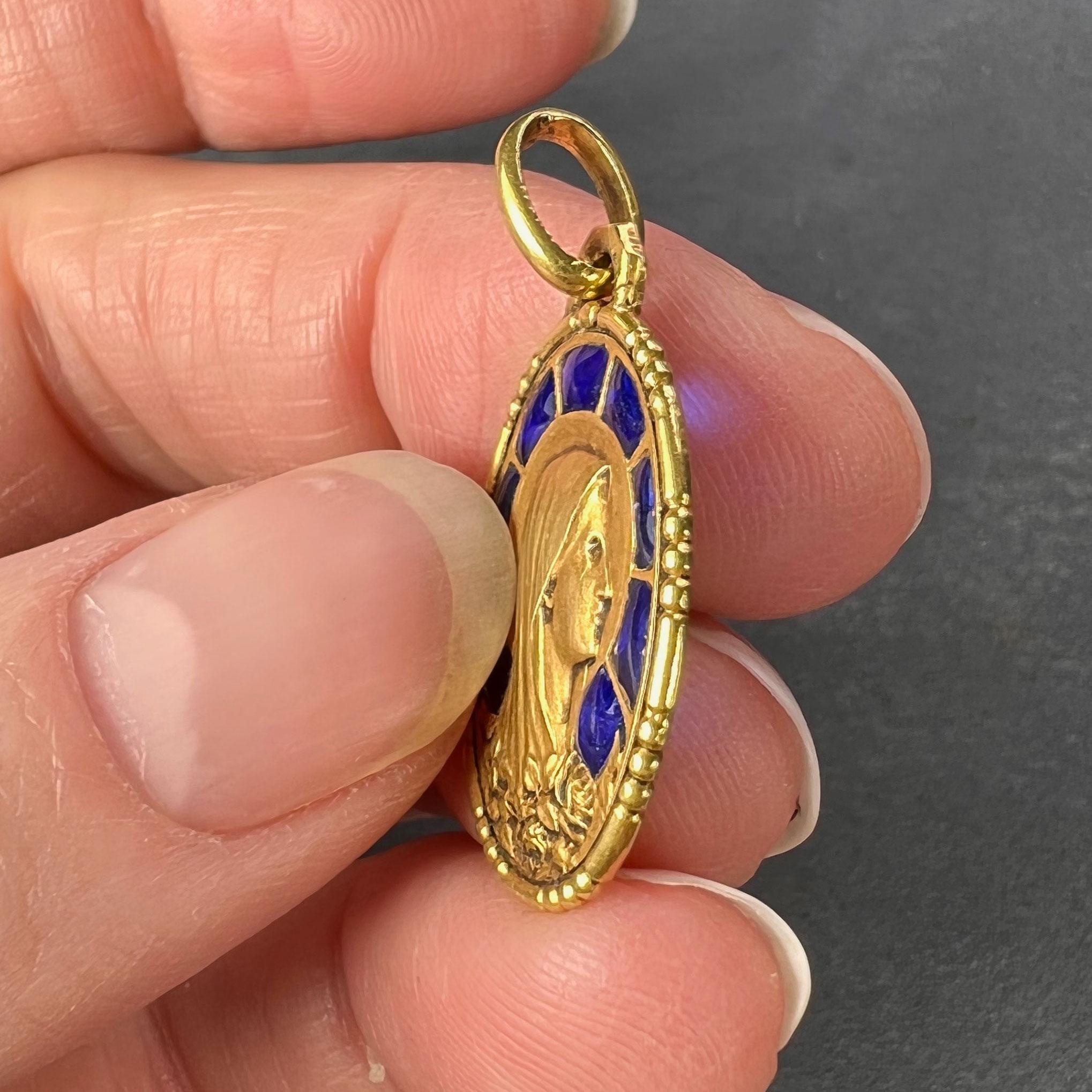French Virgin Mary Plique A Jour Enamel 18K Yellow Gold Charm Pendant For Sale 3