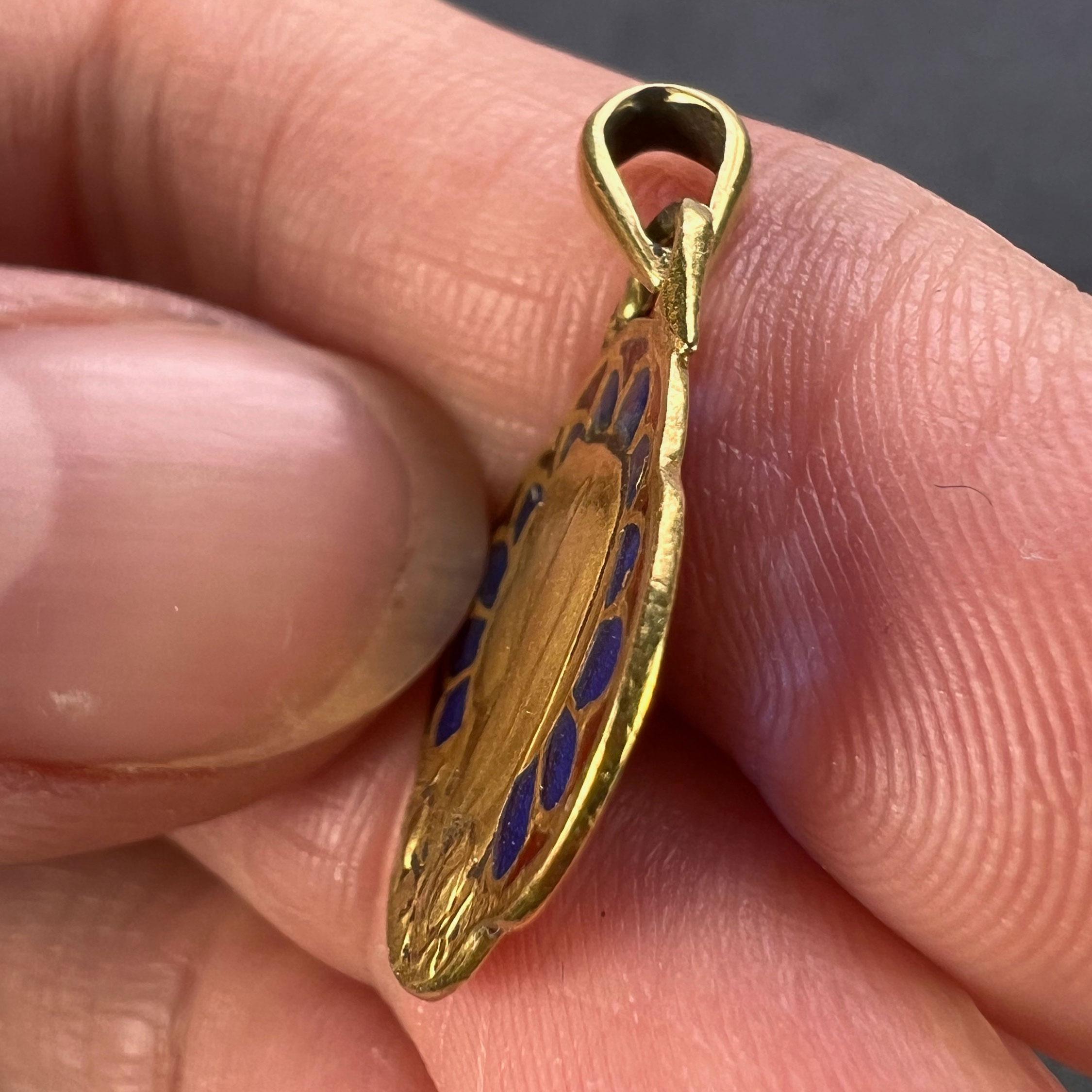 French Virgin Mary Plique A Jour Enamel 18K Yellow Gold Charm Pendant For Sale 5