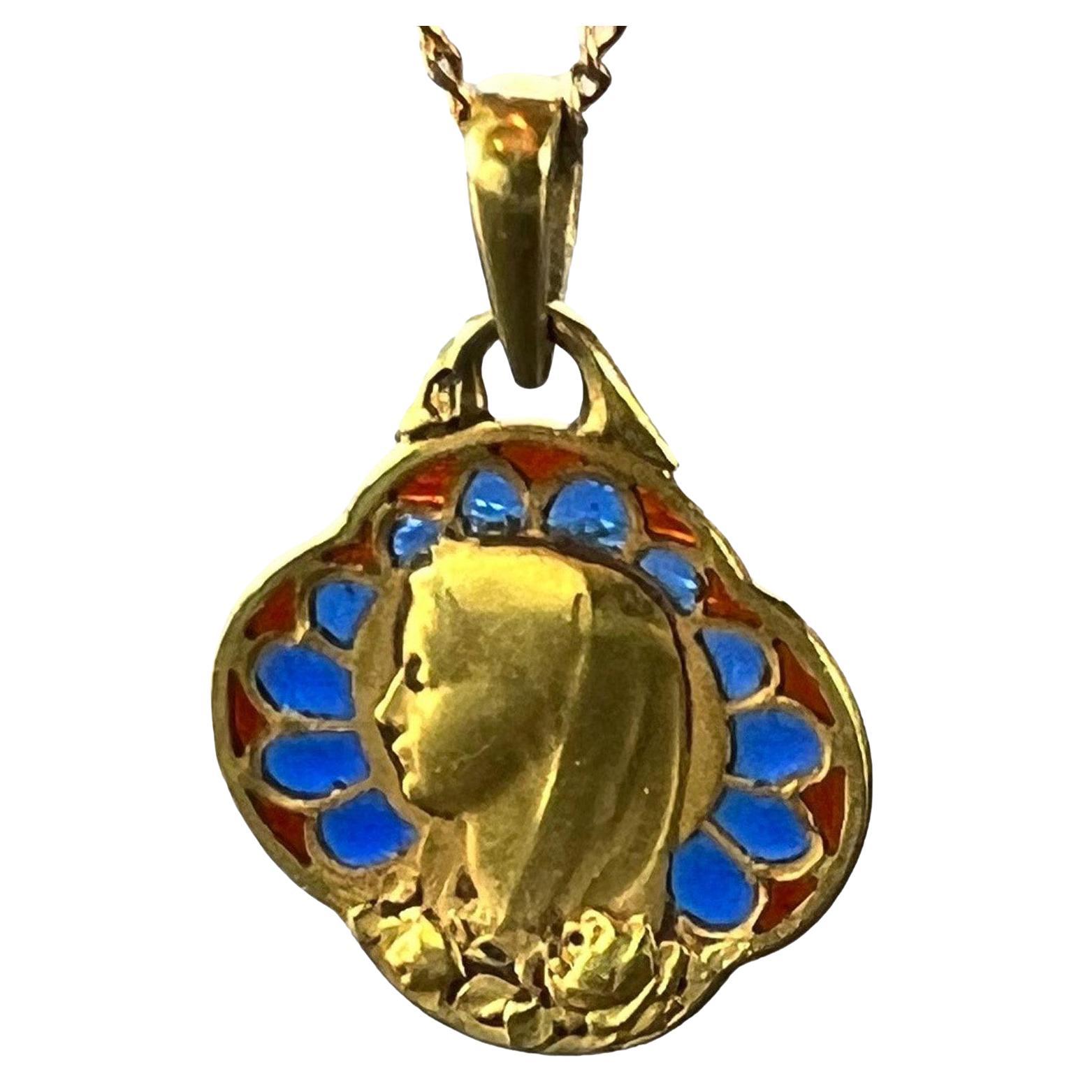 French Virgin Mary Plique A Jour Enamel 18K Yellow Gold Charm Pendant For Sale