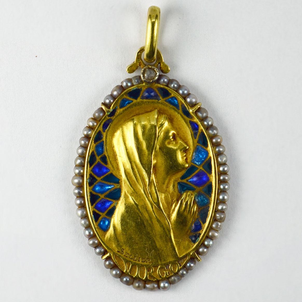 French Virgin Mary Plique-A-Jour Enamel Pearl Diamond 18k Yellow Gold Pendant In Good Condition In London, GB