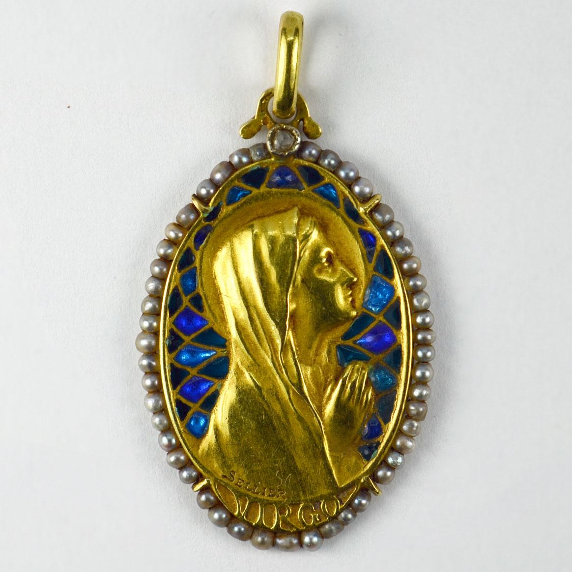 Französische Jungfrau Maria Plique-A-Jour Emaille Perle Diamant 18k Gelbgold-Anhänger im Zustand „Gut“ in London, GB