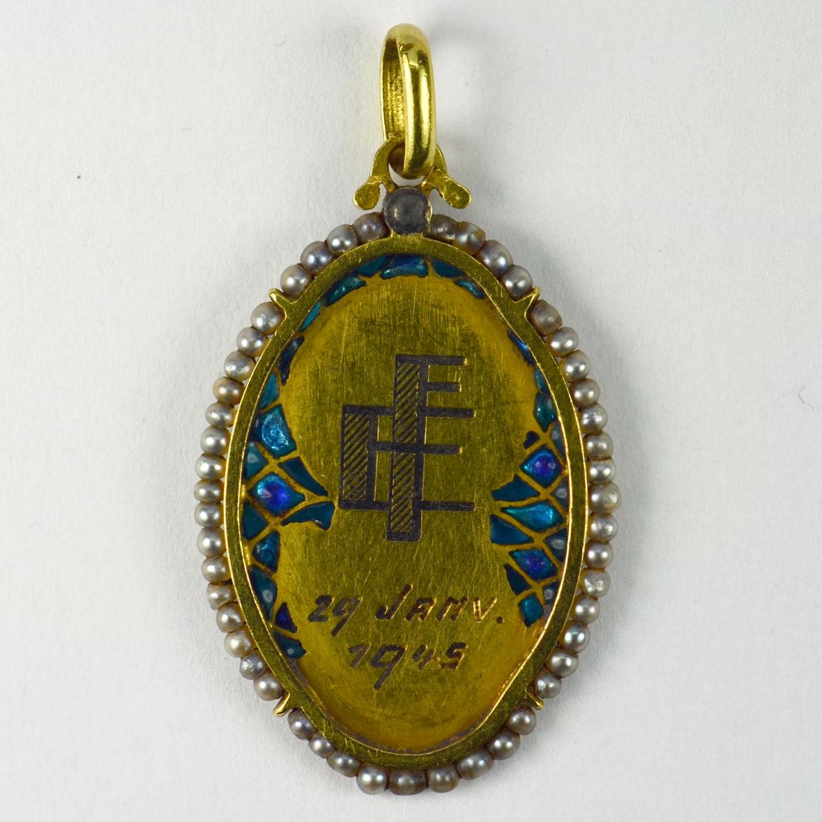 Women's French Virgin Mary Plique-A-Jour Enamel Pearl Diamond 18k Yellow Gold Pendant