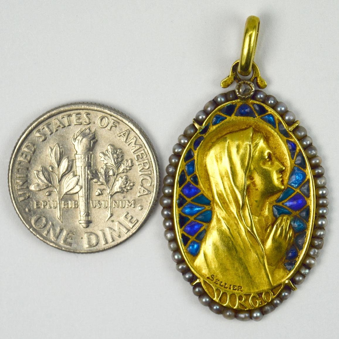 French Virgin Mary Plique-A-Jour Enamel Pearl Diamond 18k Yellow Gold Pendant 1