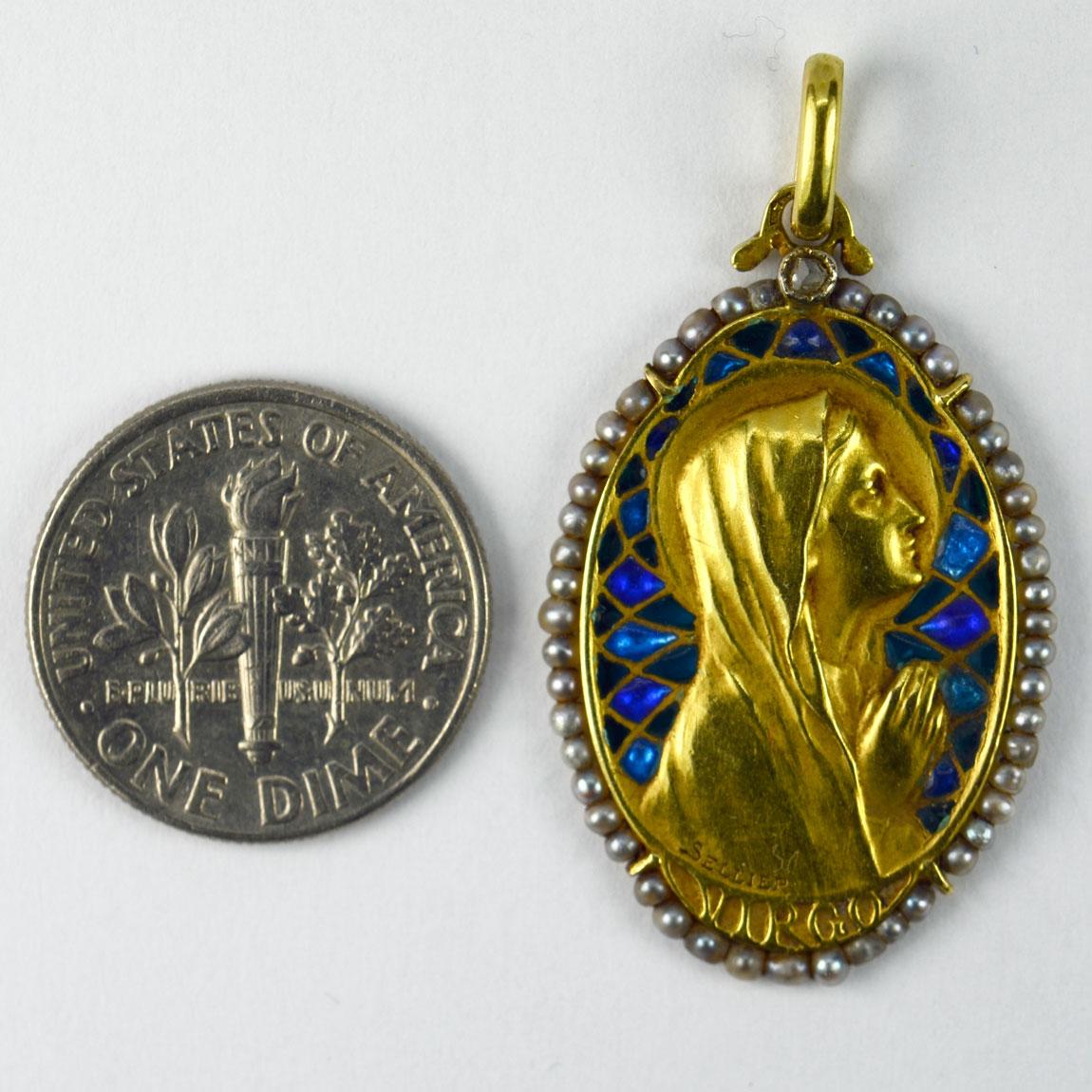 French Virgin Mary Plique-A-Jour Enamel Pearl Diamond 18k Yellow Gold Pendant 2
