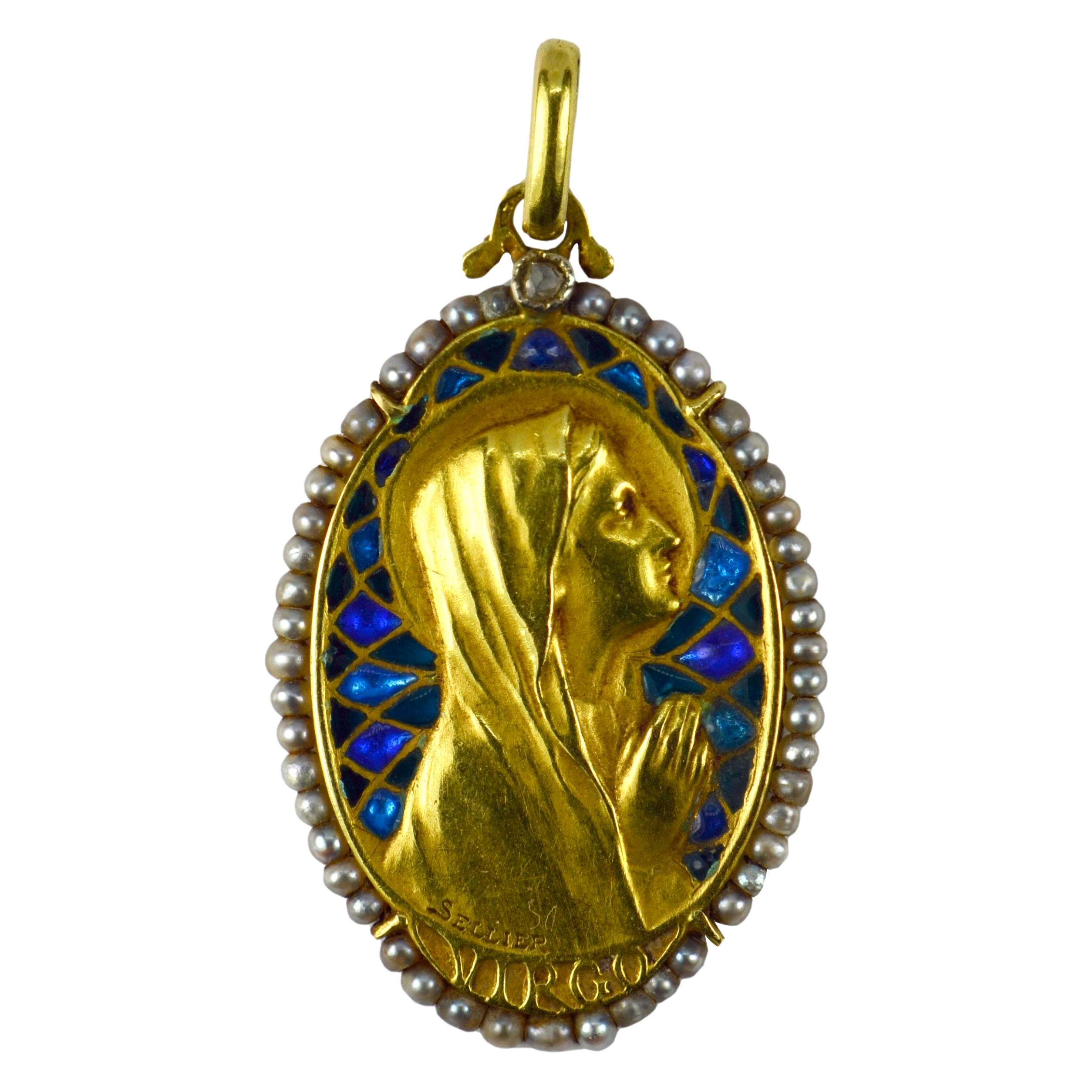 French Virgin Mary Plique-A-Jour Enamel Pearl Diamond 18k Yellow Gold Pendant