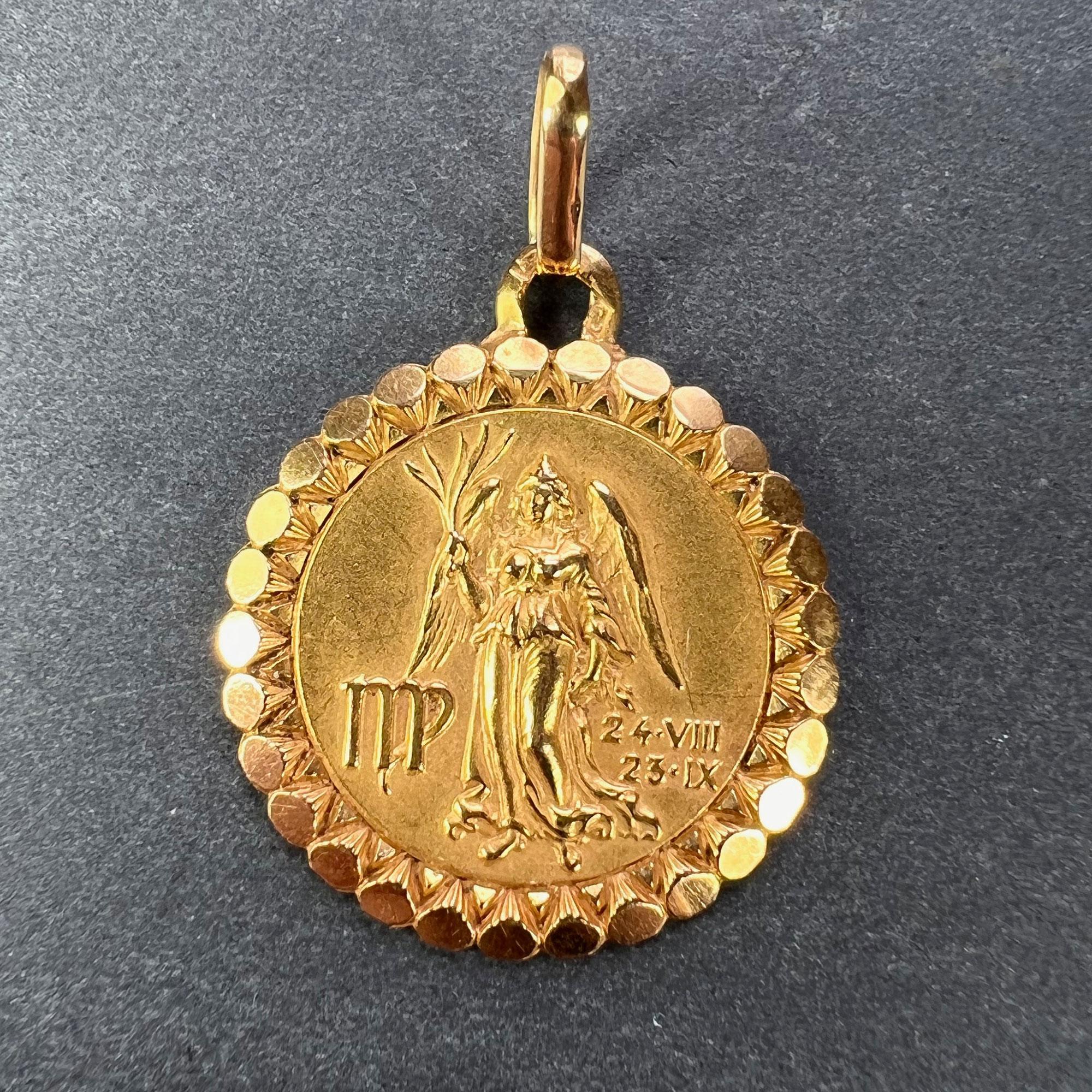 An 18 karat (18K) yellow gold charm pendant designed as the Zodiac sign of Virgo, depicting the virgin with the dates 24 VIII (August) and 23 IX (September). Stamped with the eagle mark for 18 karat gold and French manufacture with makers mark for