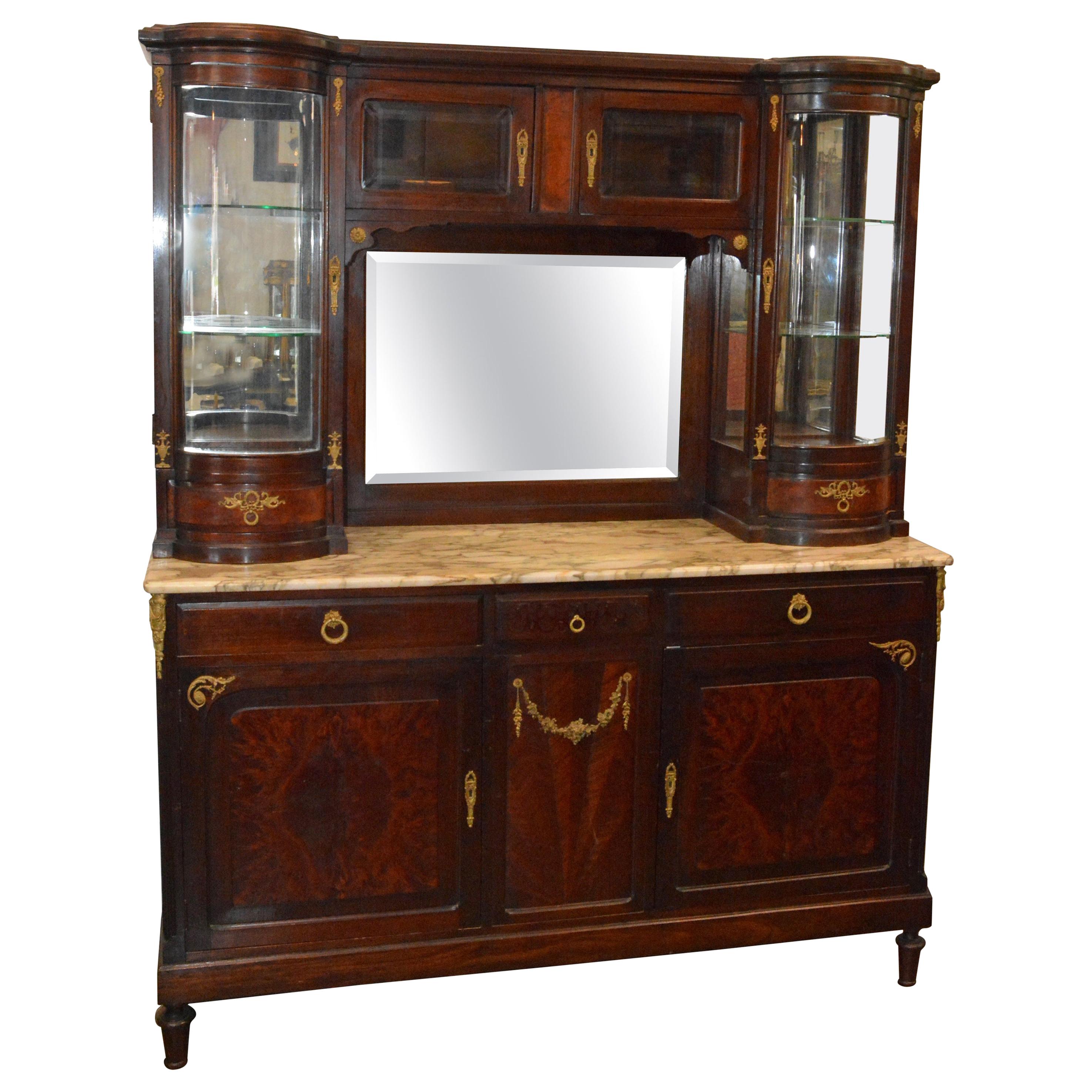 French Vitrine with Marble-Top Mahogany Hand Carved, 19th Century For Sale