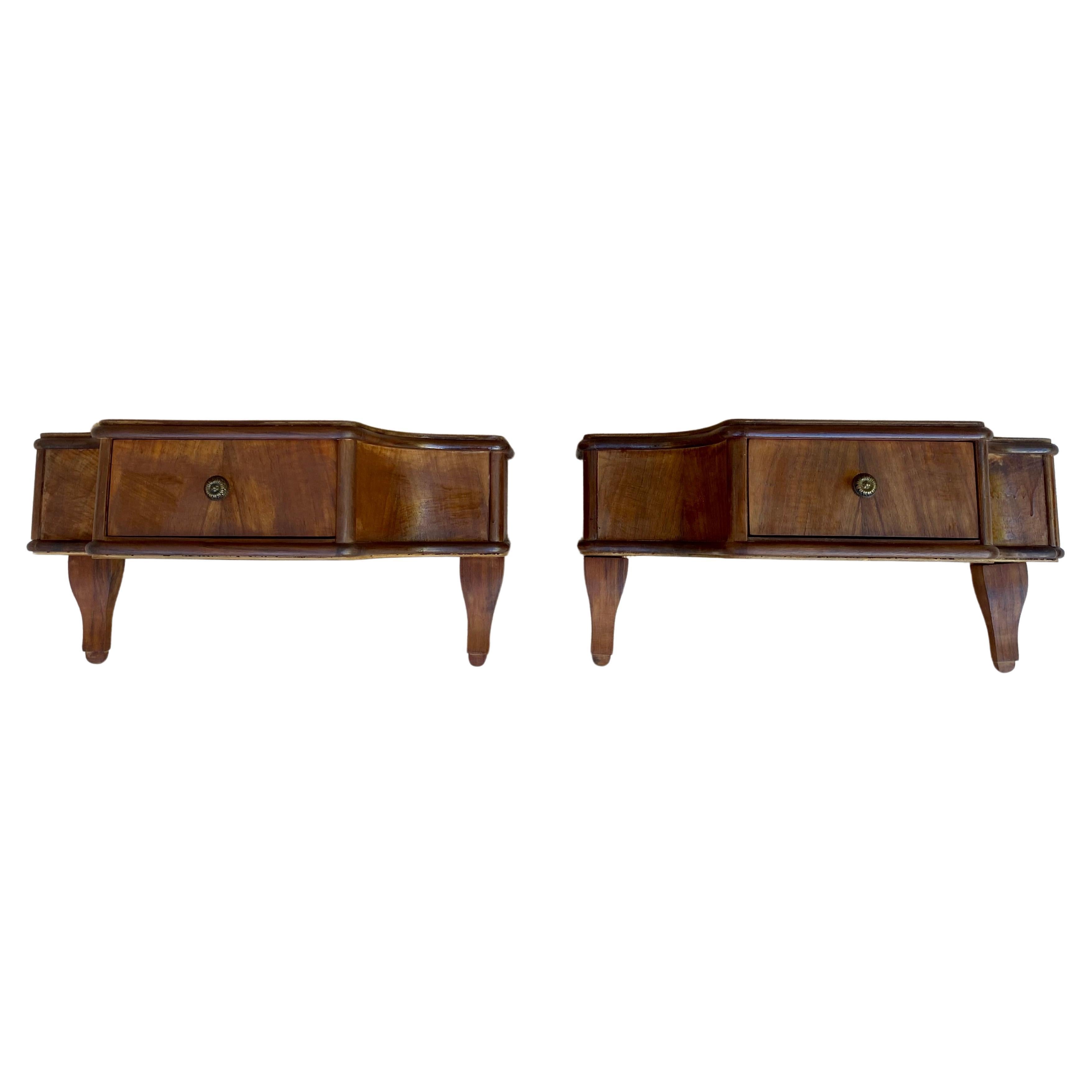 French Wall Bedside Tables in Walnut, 1920s, Set of 2