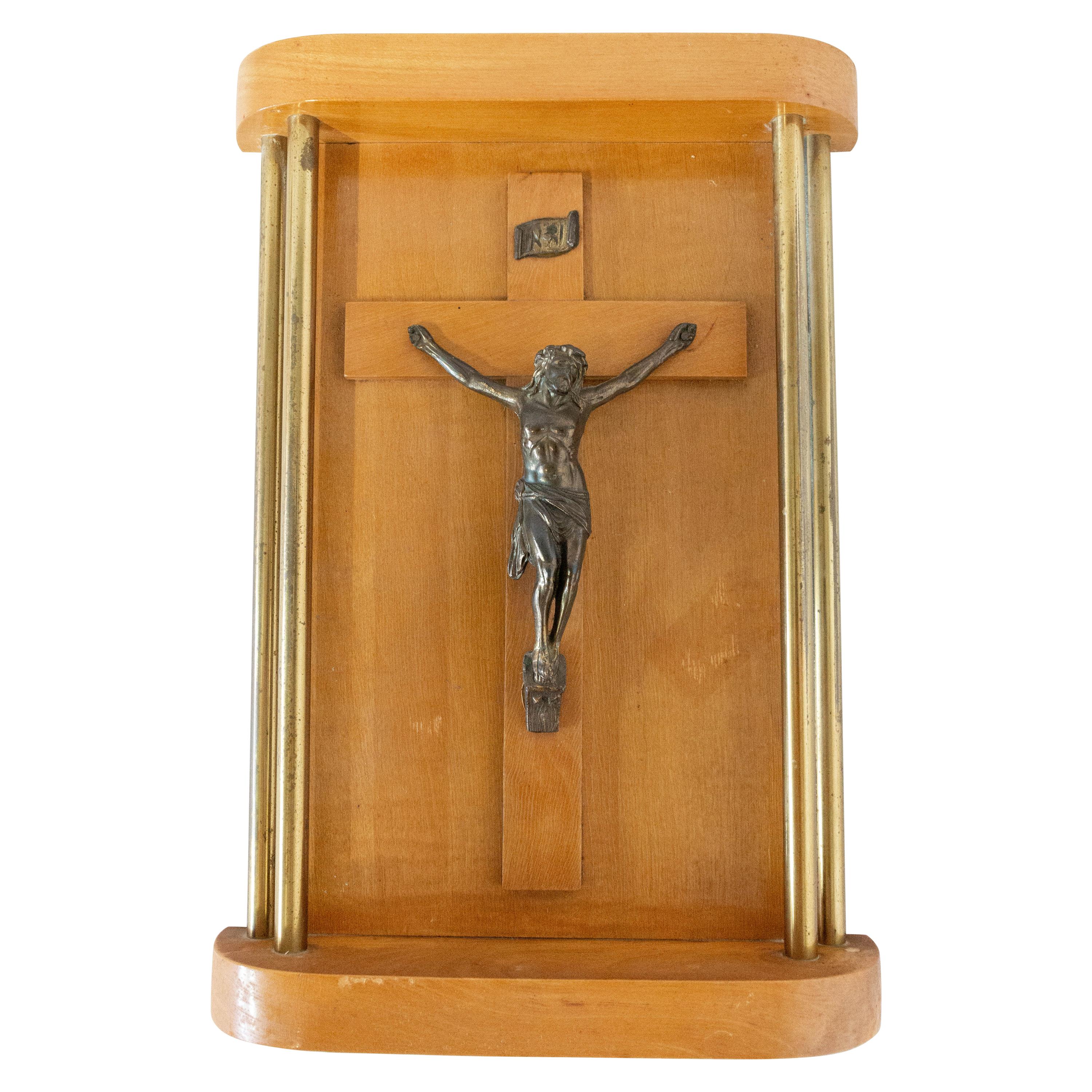 French Wall Crucifix Art Deco Style with Brass Column Midcentury For Sale