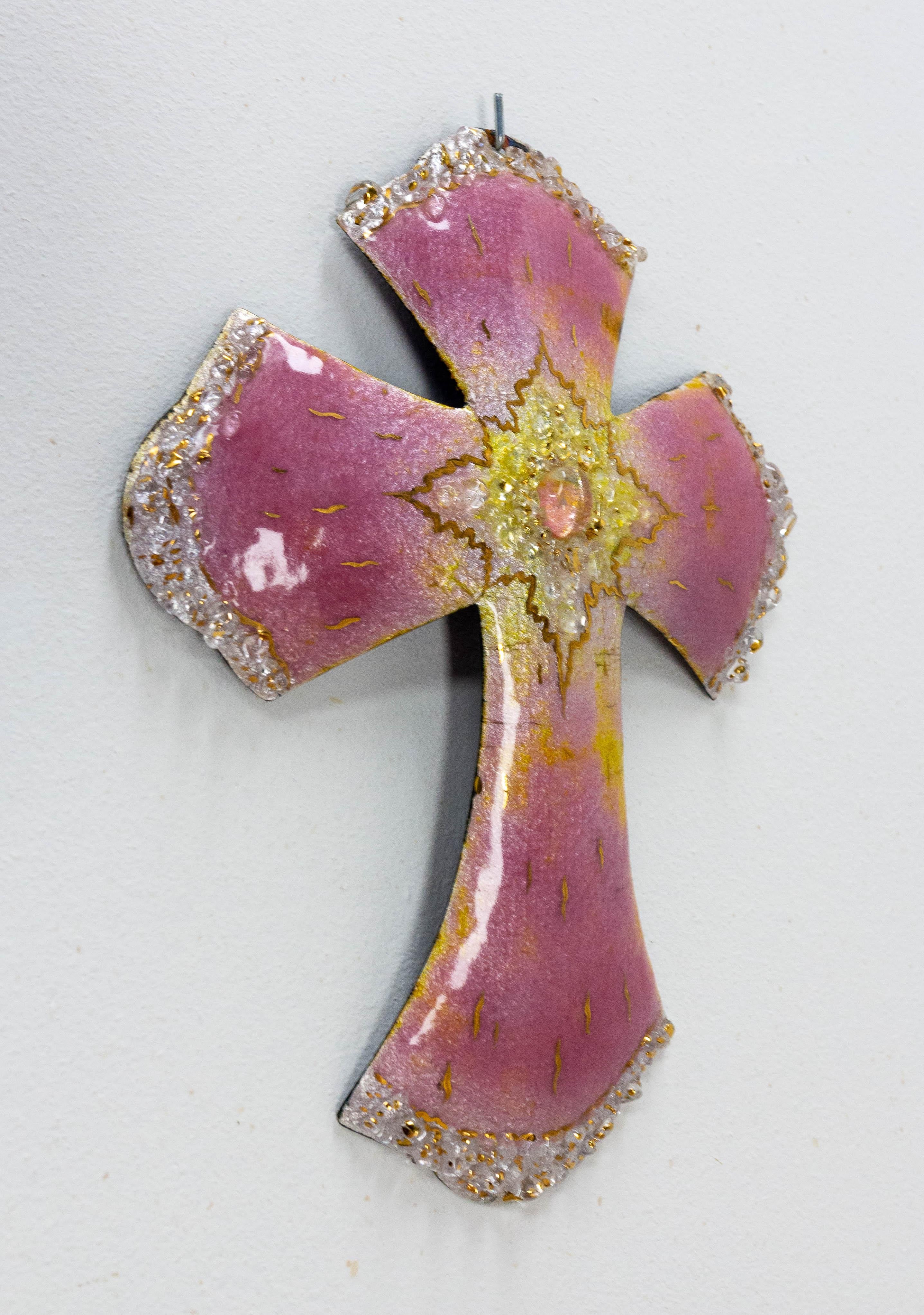 French Wall Jesus Cross Pink Enameled Copper from Limoges Mid-Century For Sale 2