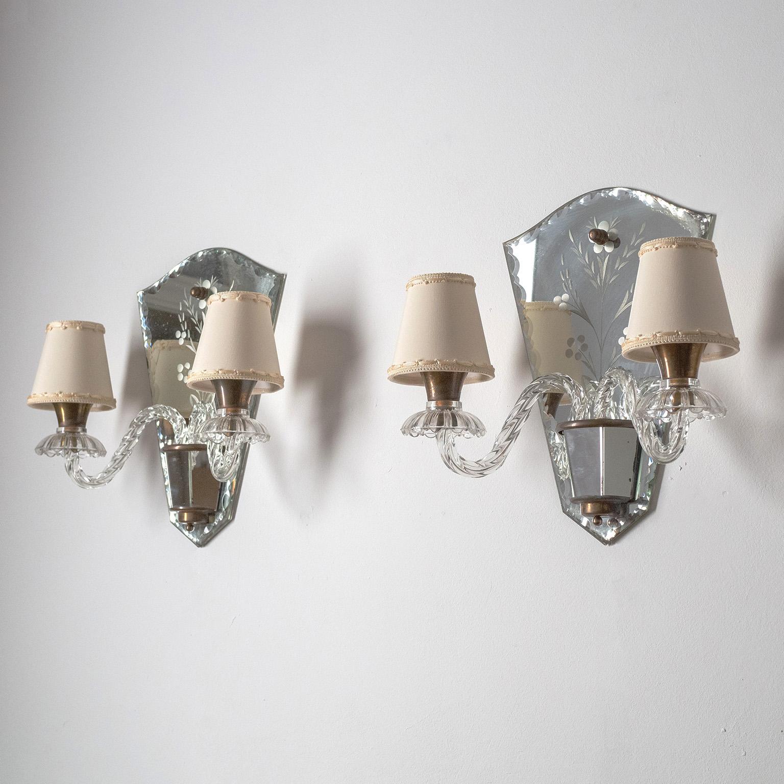 French Wall Lights, circa 1940, Cut and Etched Mirror 4