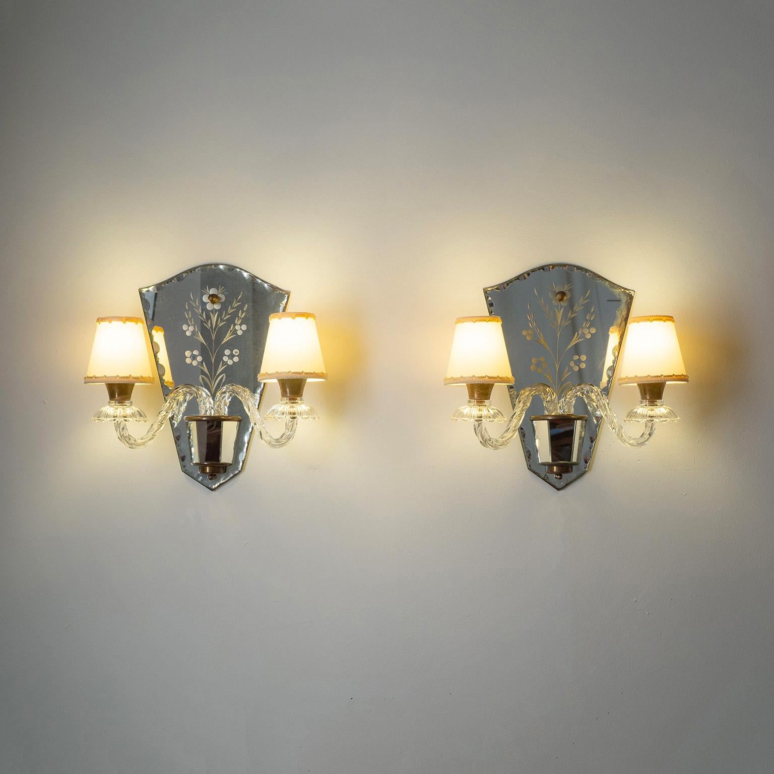 French Wall Lights, circa 1940, Cut and Etched Mirror 5