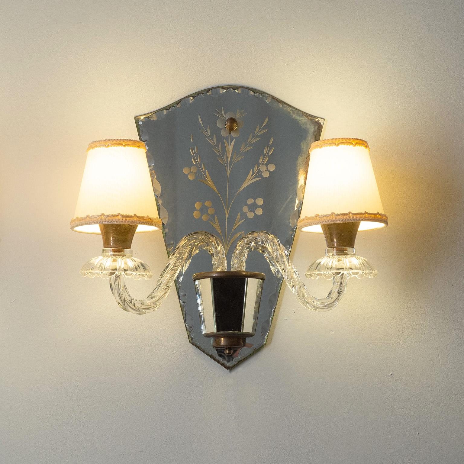 Art Deco French Wall Lights, circa 1940, Cut and Etched Mirror