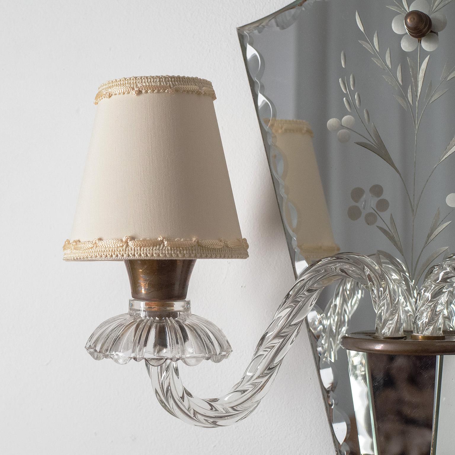 Mid-20th Century French Wall Lights, circa 1940, Cut and Etched Mirror