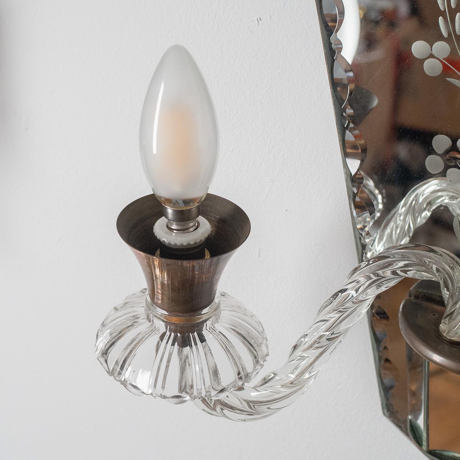 Brass French Wall Lights, circa 1940, Cut and Etched Mirror