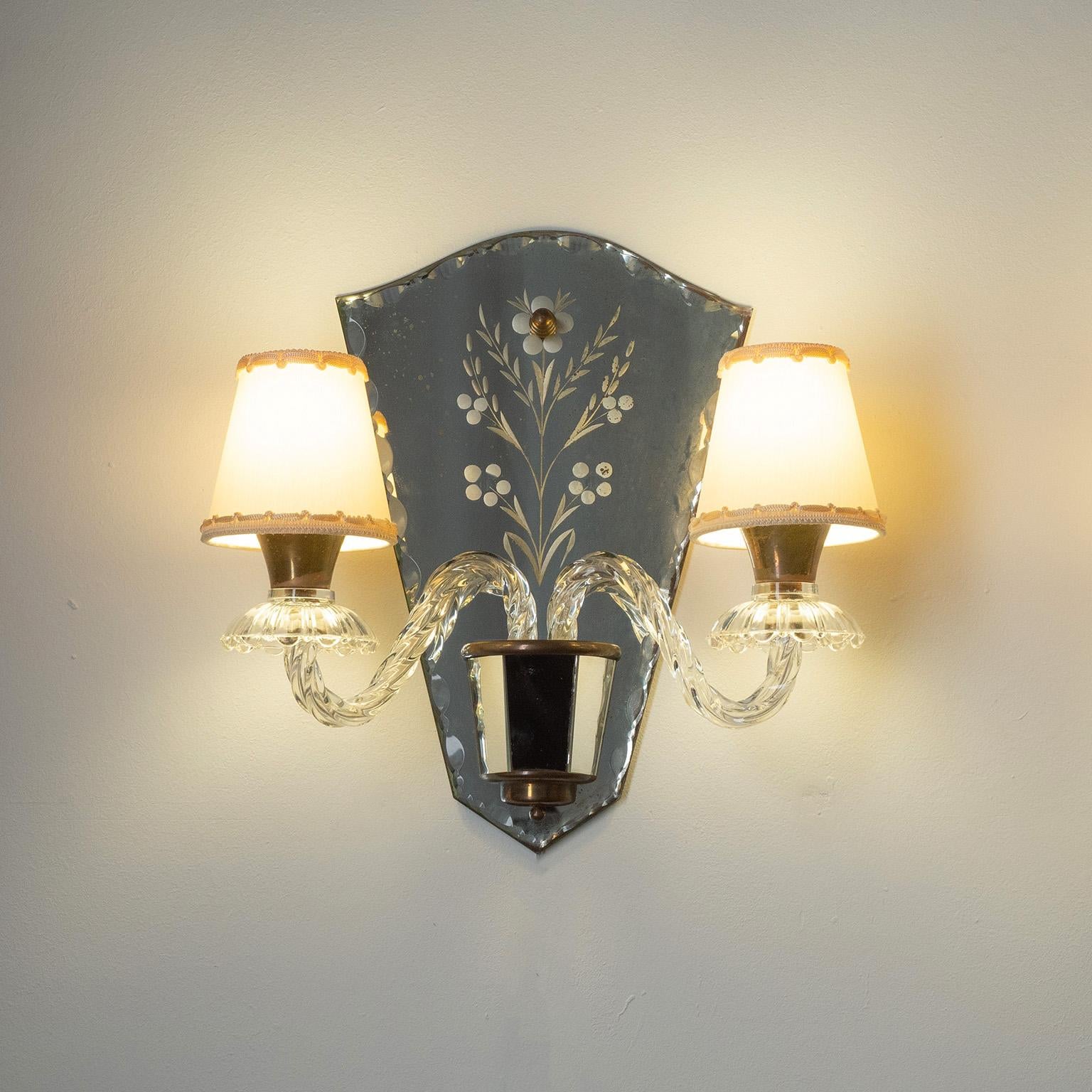 French Wall Lights, circa 1940, Cut and Etched Mirror 1